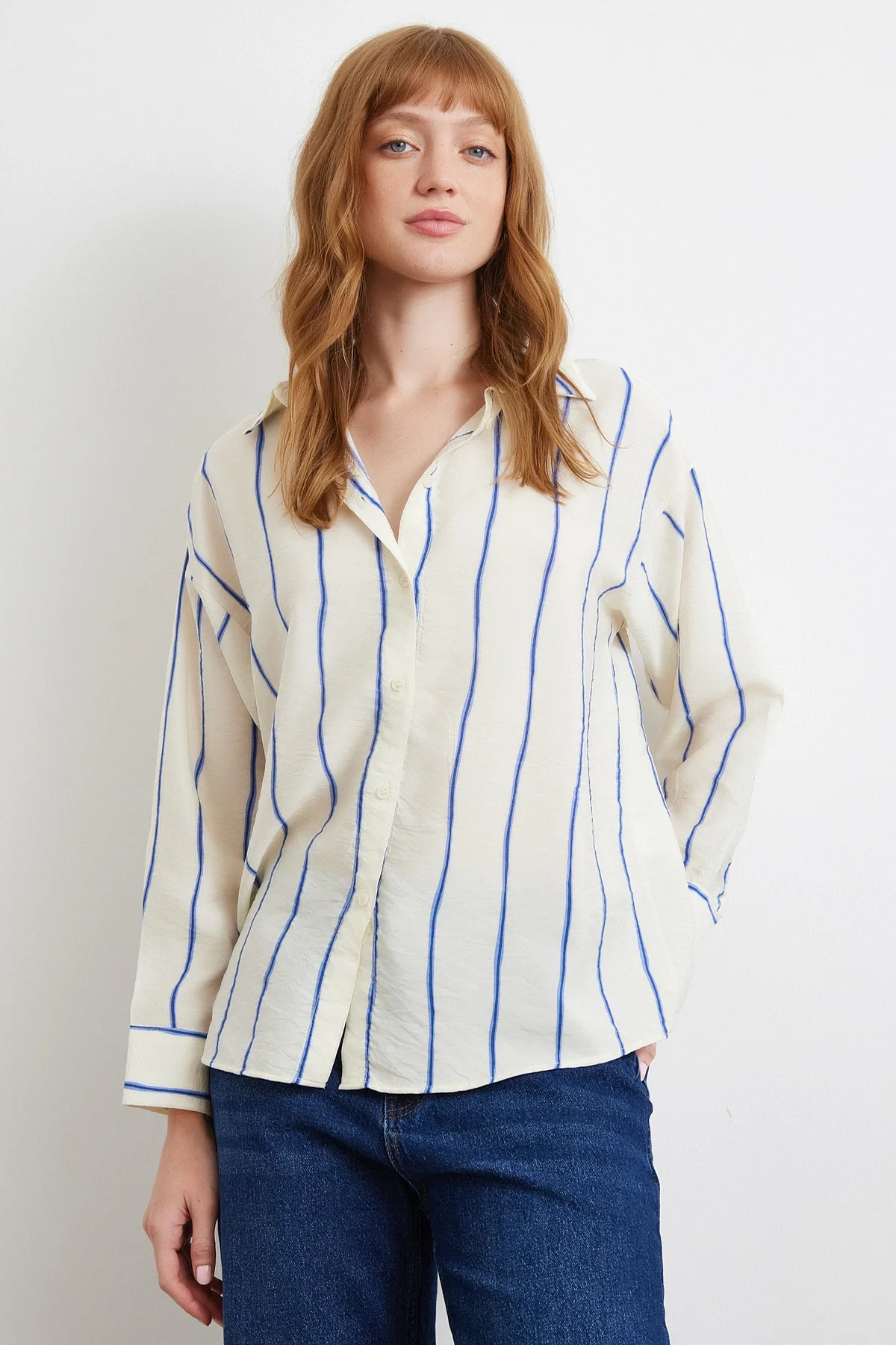 Çizgili Modal Gömlek - Saks