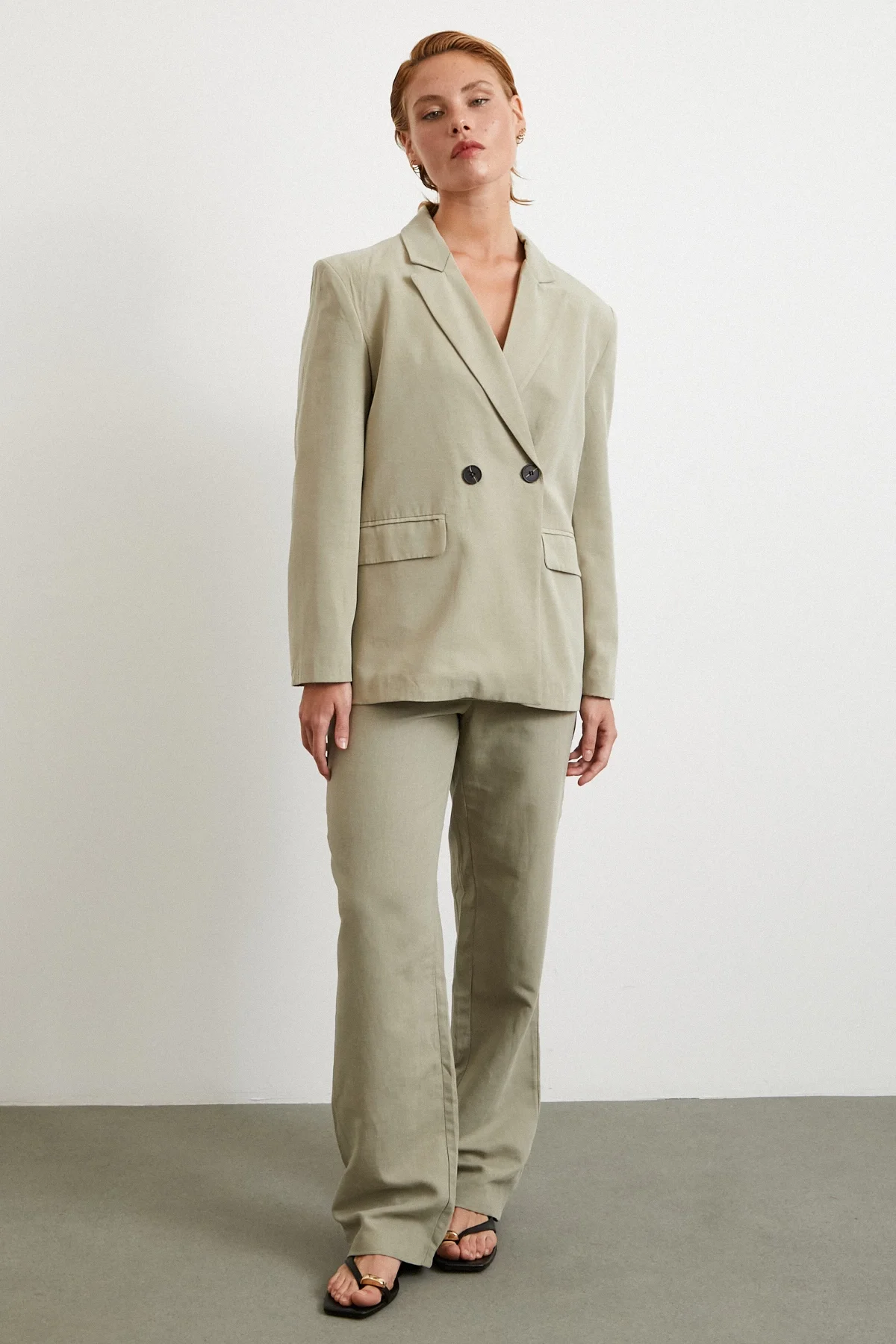 Çift Düğmeli Keten Blazer Ceket - Gri