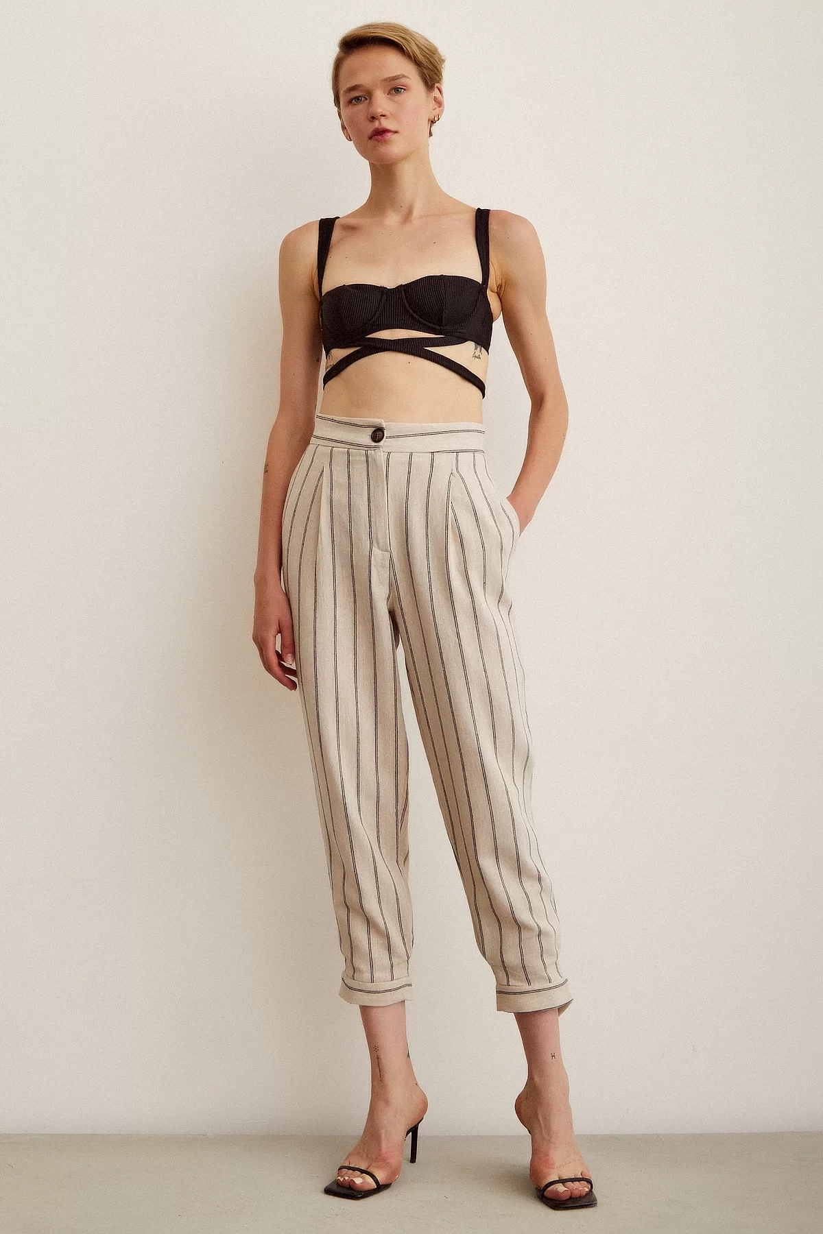 Button-Front Striped Pants - Striped Ecru