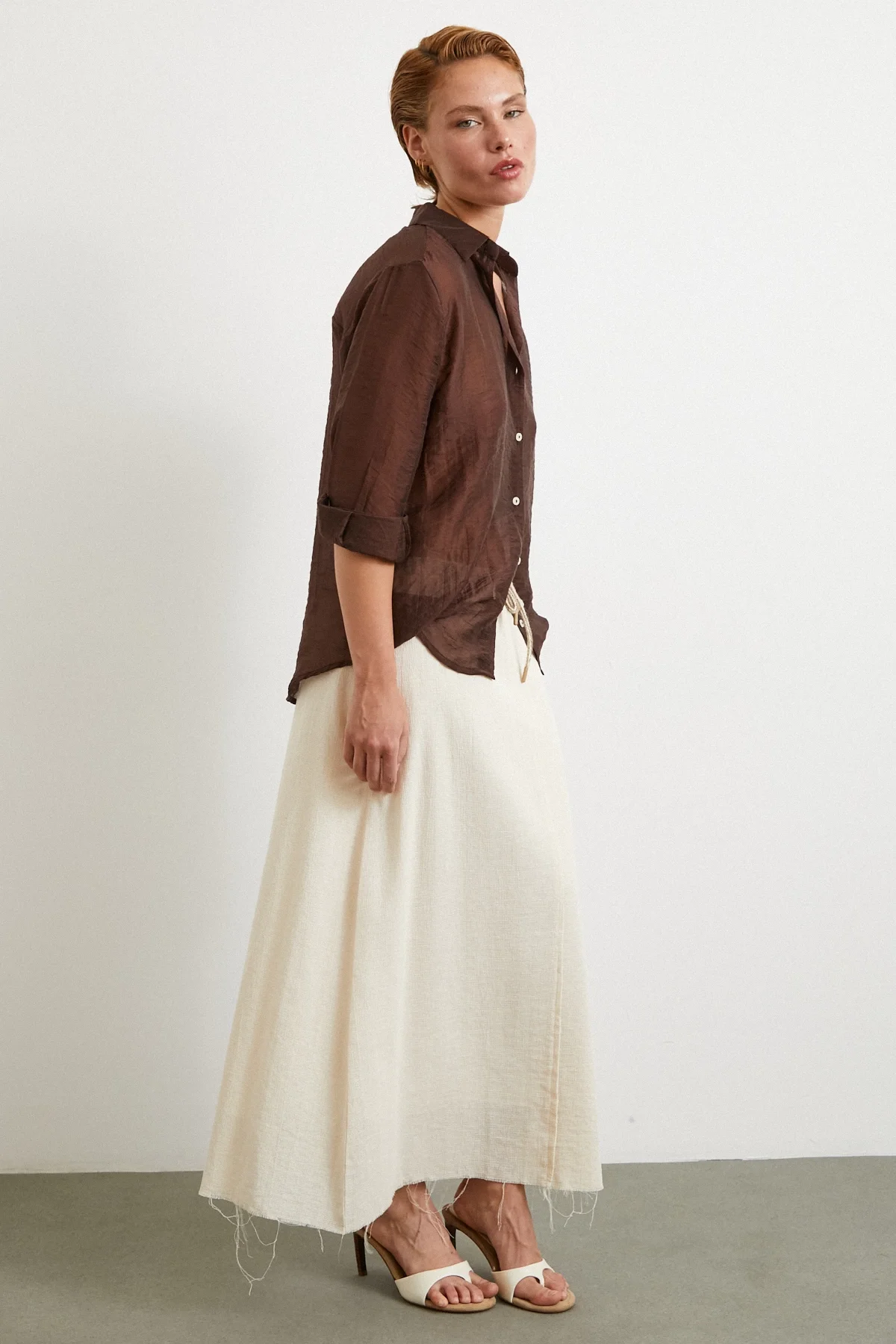 Beli Lastikli Astarlı Hasır Etek - Krem