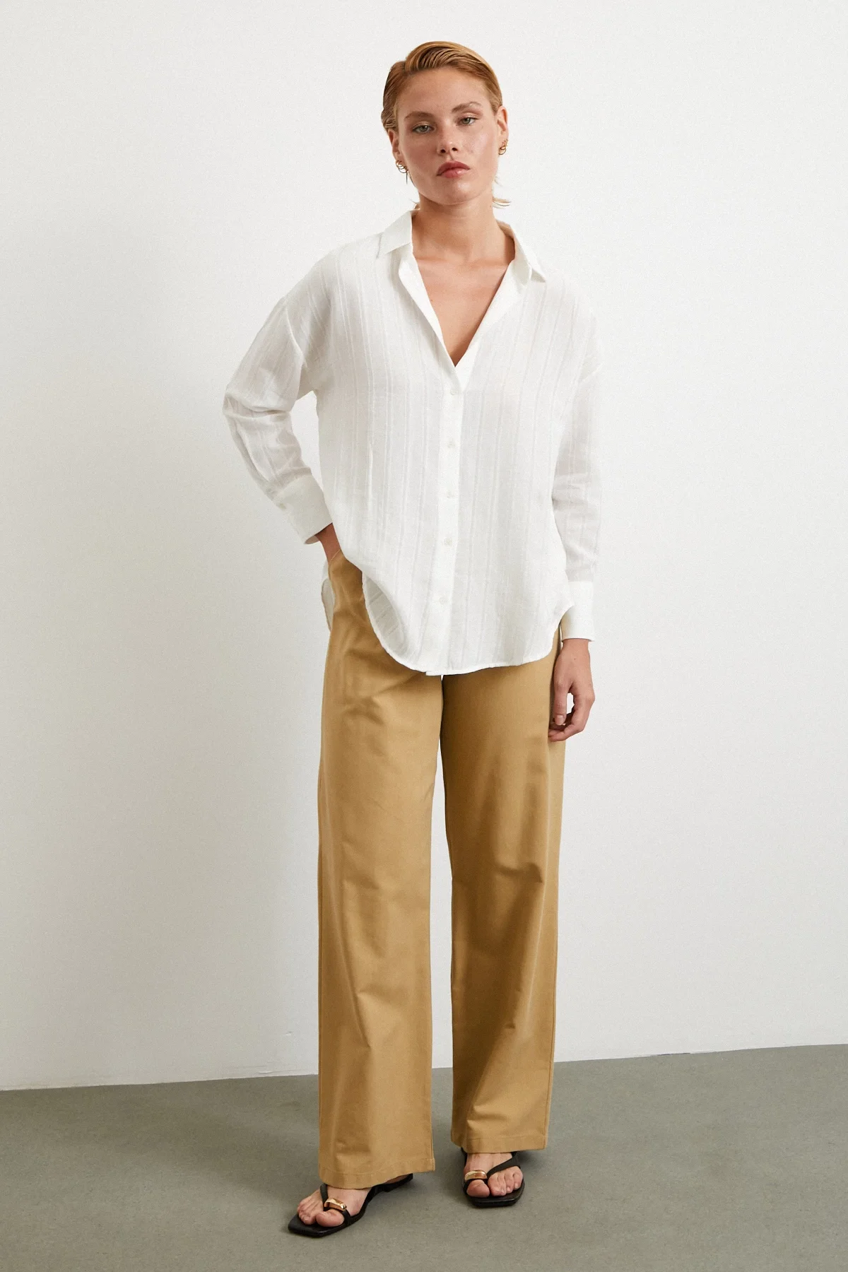 Çizgili Pamuk Gömlek - Beyaz