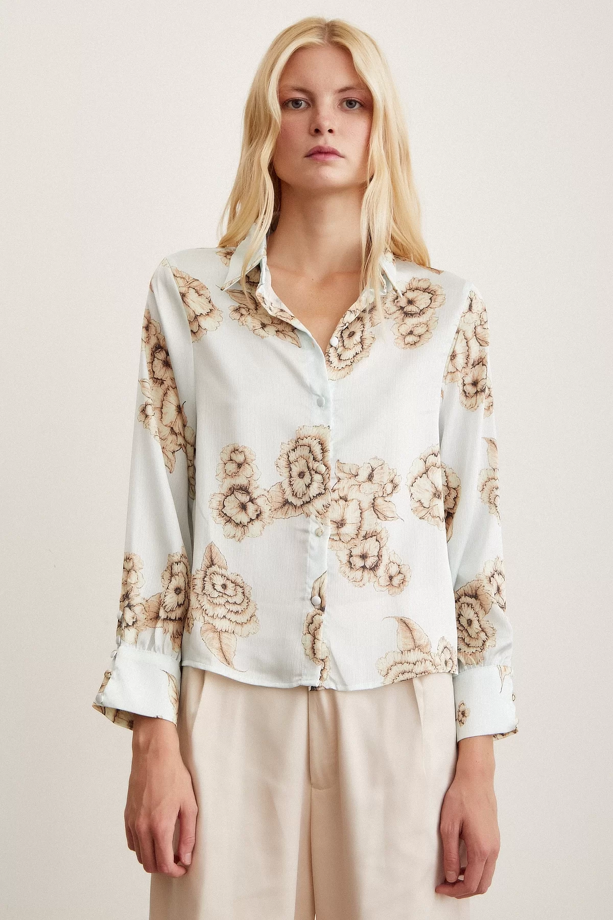 Patterned Puffed Sleeve Shirt - Mint