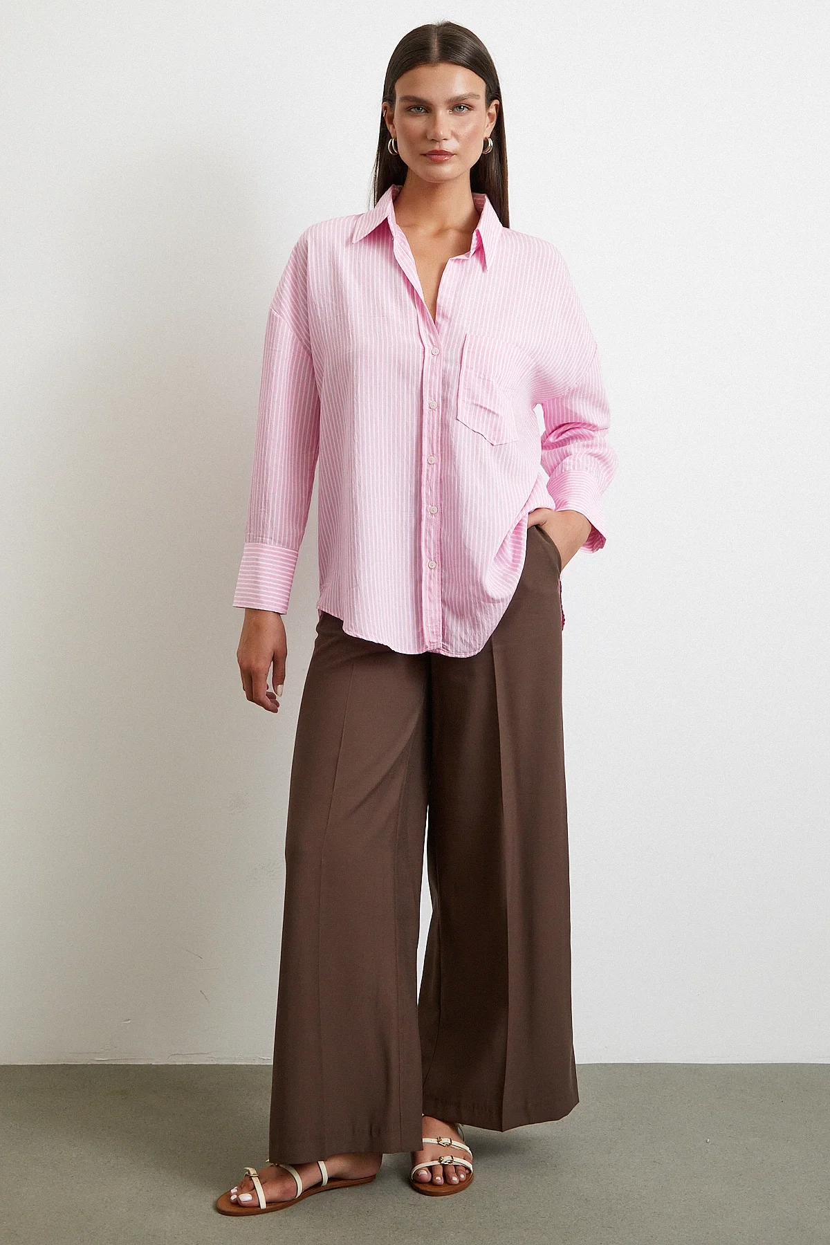 Çizgili Oversize Gömlek - Pembe