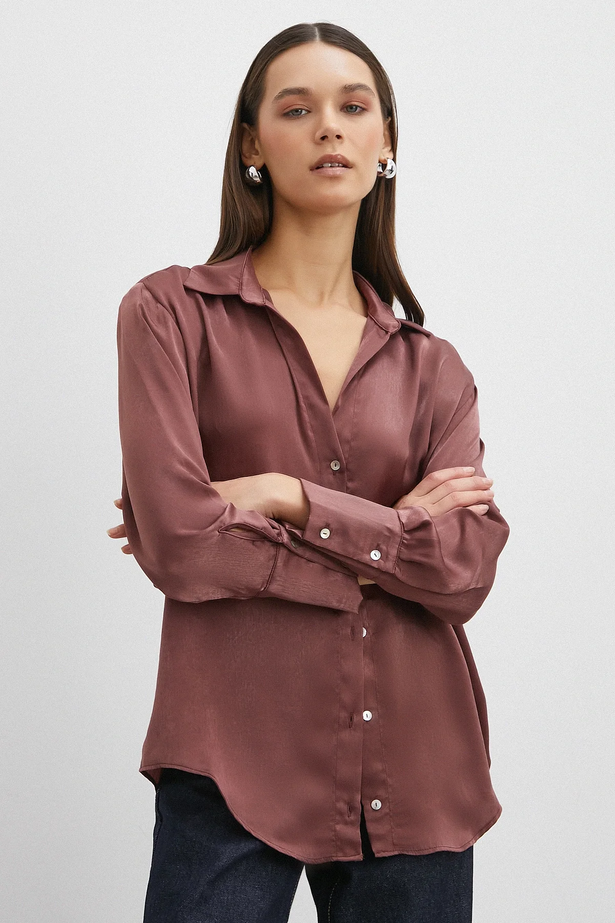 Chanel Saten Gömlek - Mürdüm