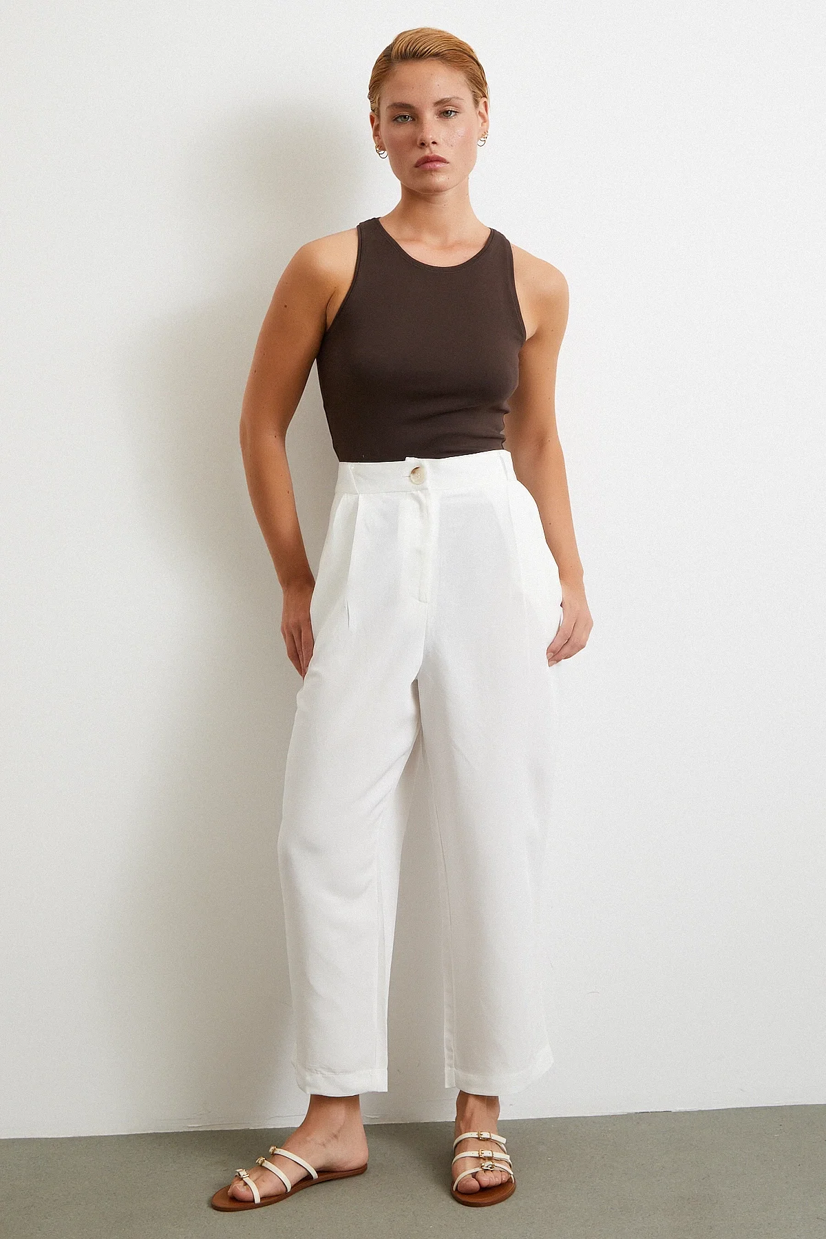 Çift Pileli Keten Pantolon - Krem