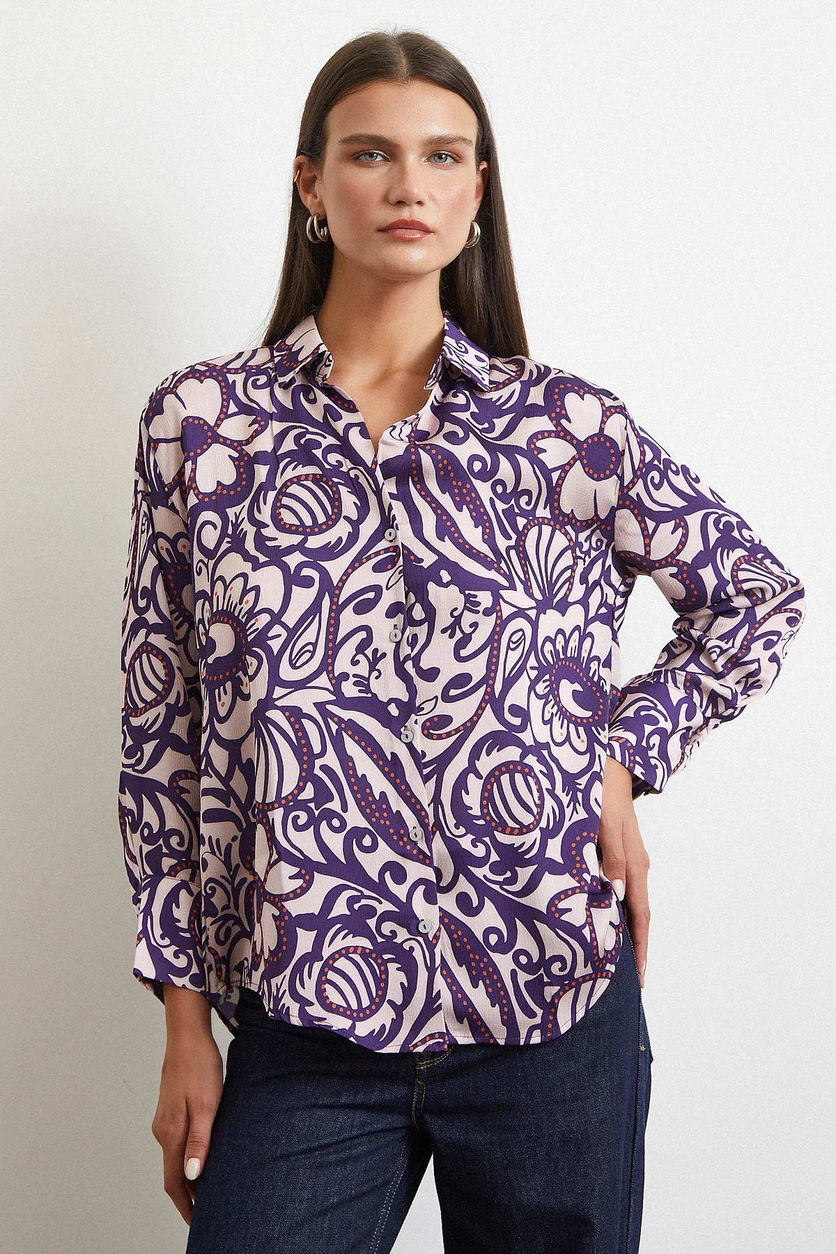 Çiçek Desenli Saten Gömlek - Mor