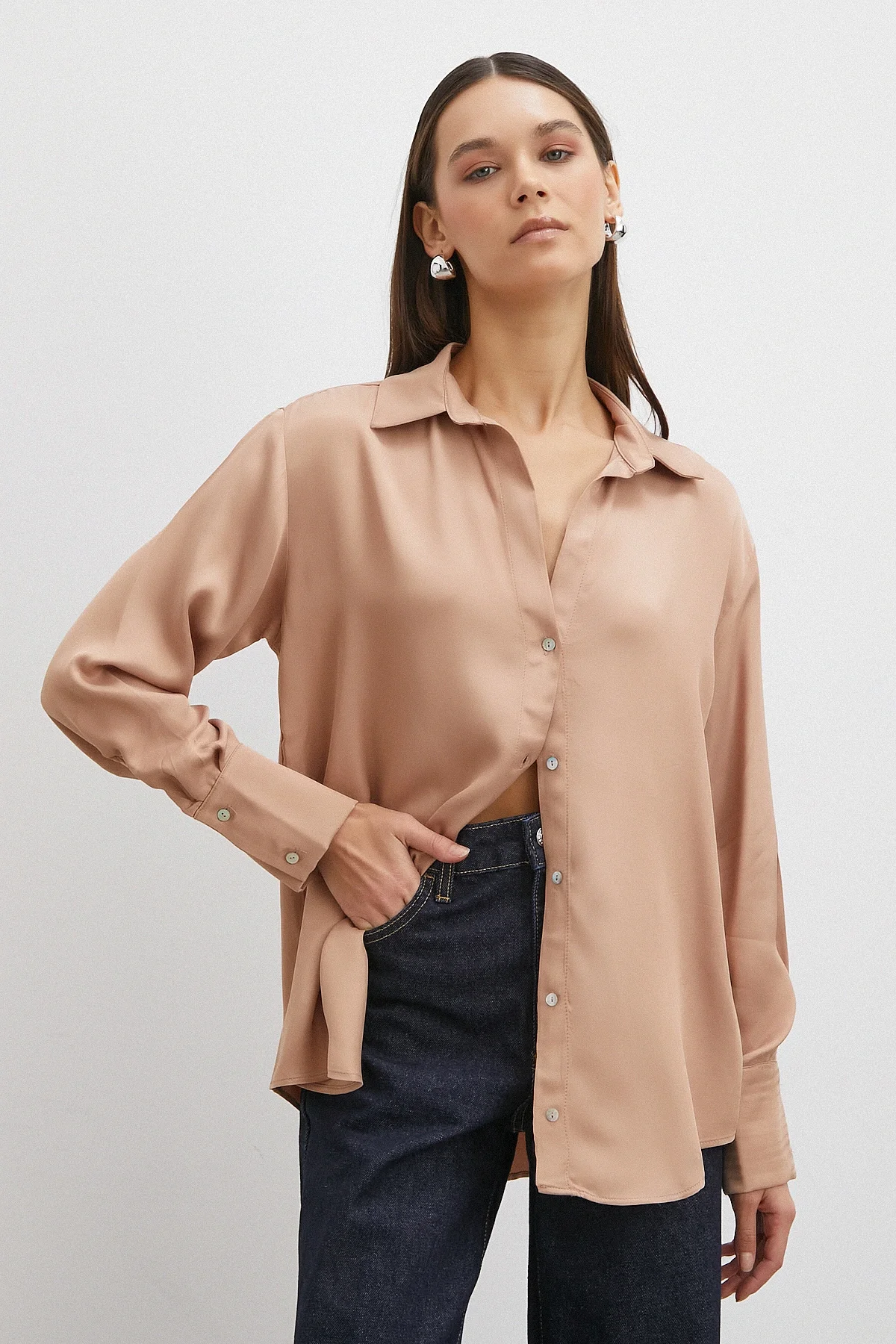 Viskon Saten Gömlek - Somon