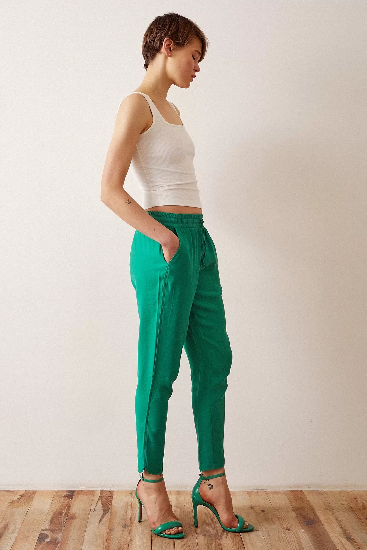 Yanı Biyeli Bağcıklı Pijama Pantolon - Koyu Yeşil