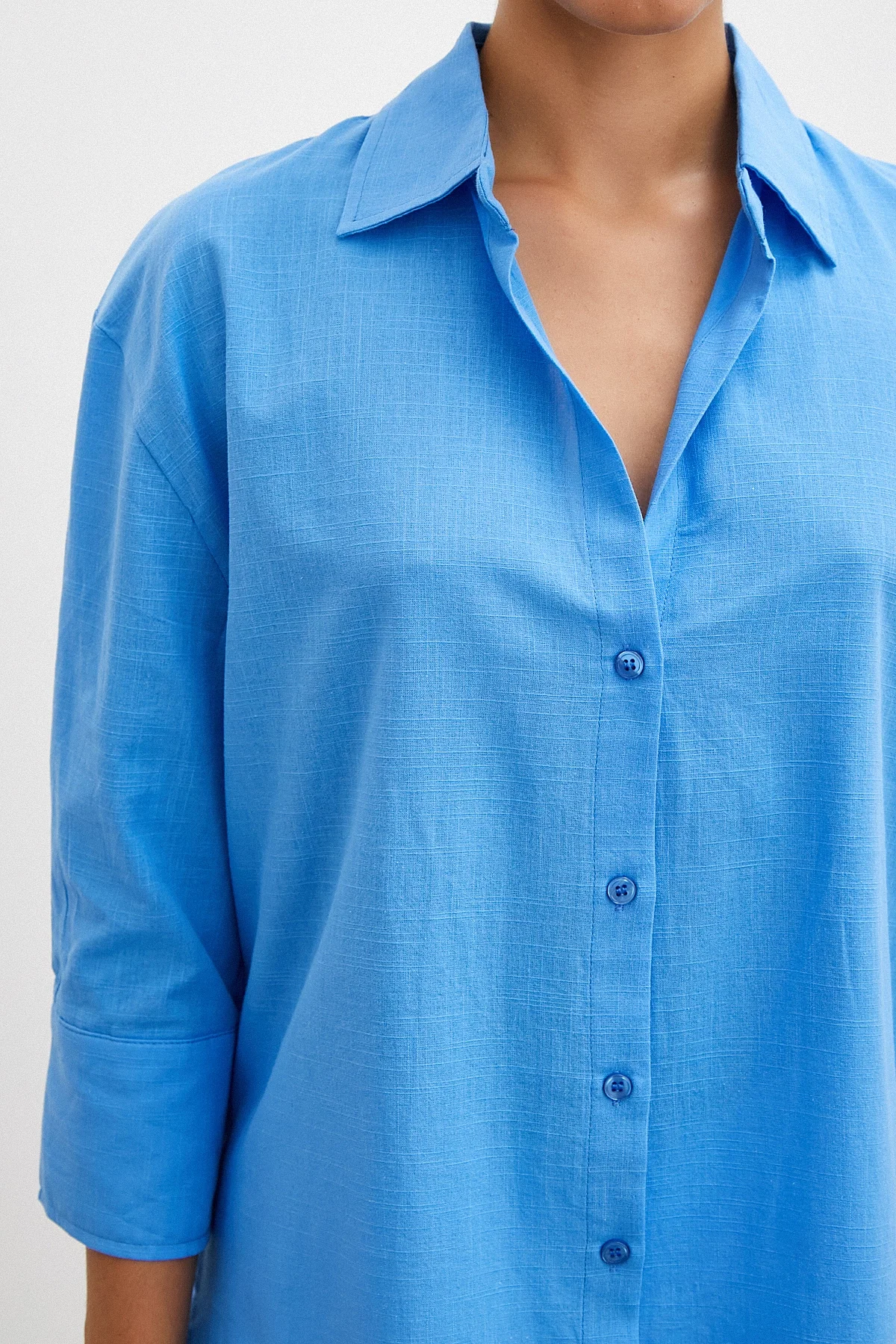 Geniş Manşetli Keten Gömlek - Mavi