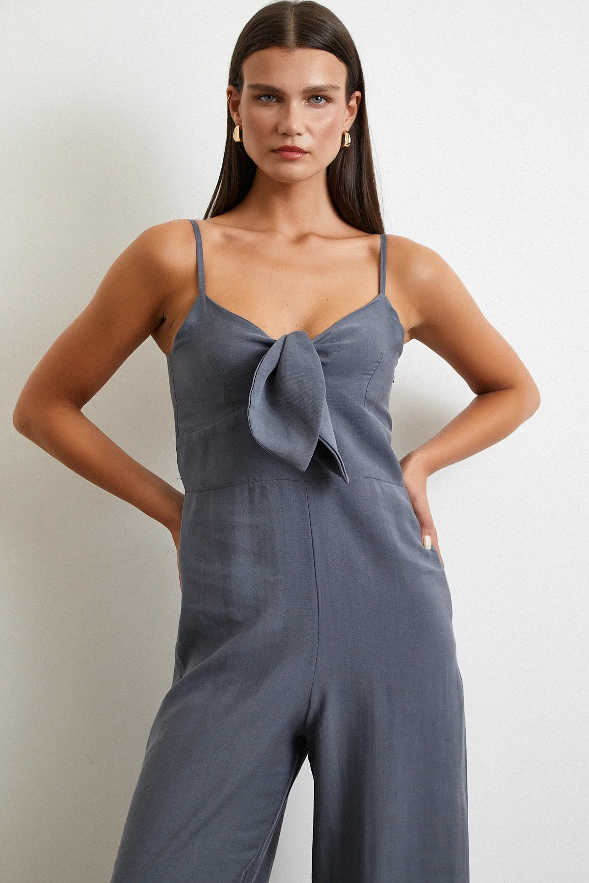 Fiyonklu Askılı Tulum - Gri