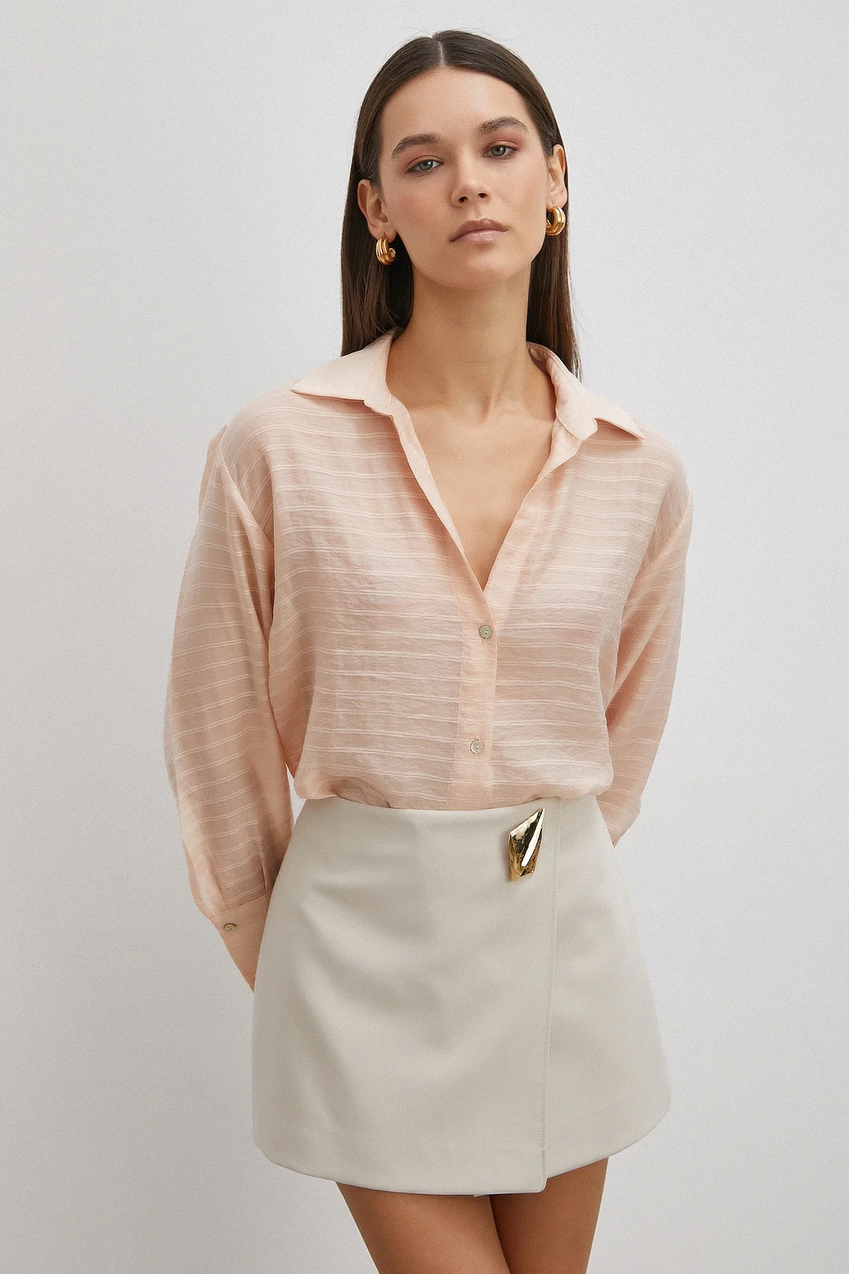 Kabartma Çizgili Gömlek - Pudra