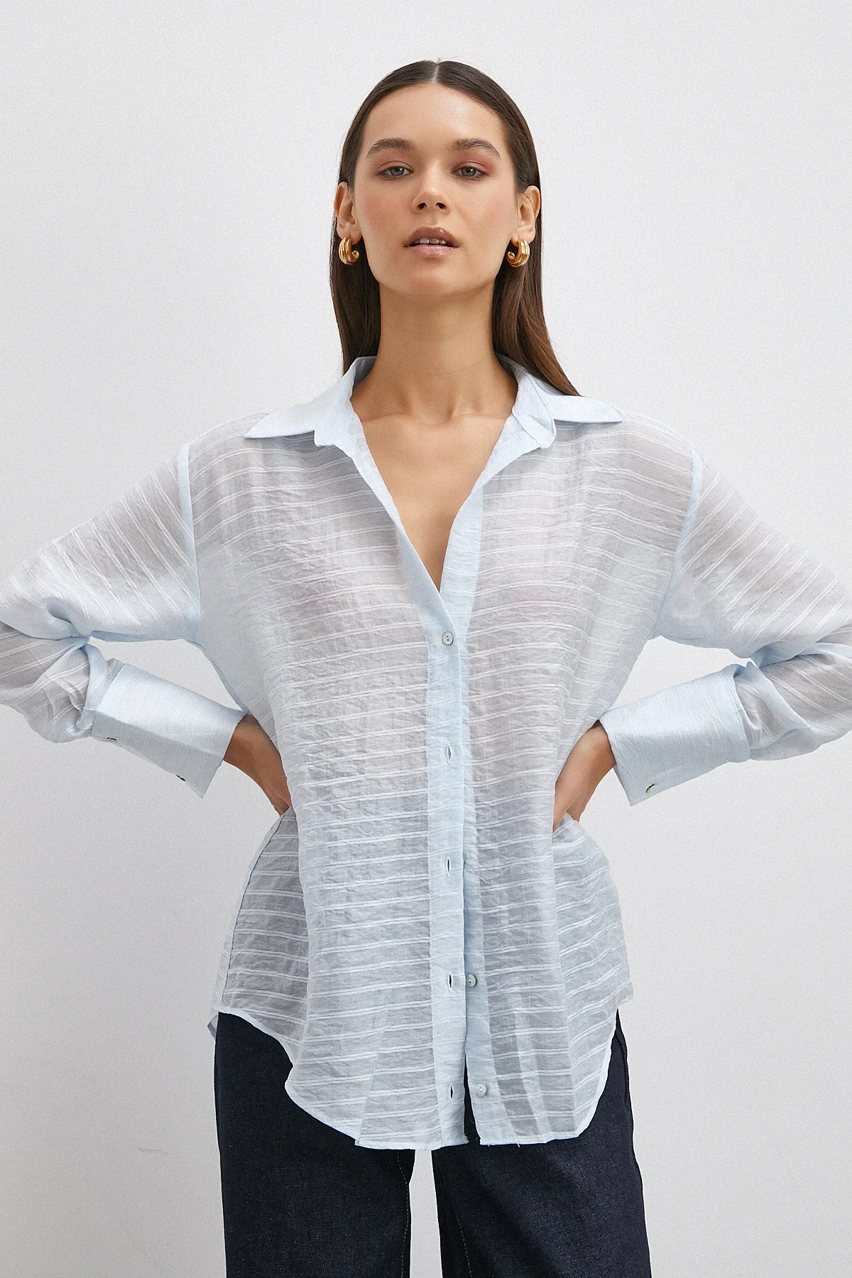 Kabartma Çizgili Gömlek - Mavi