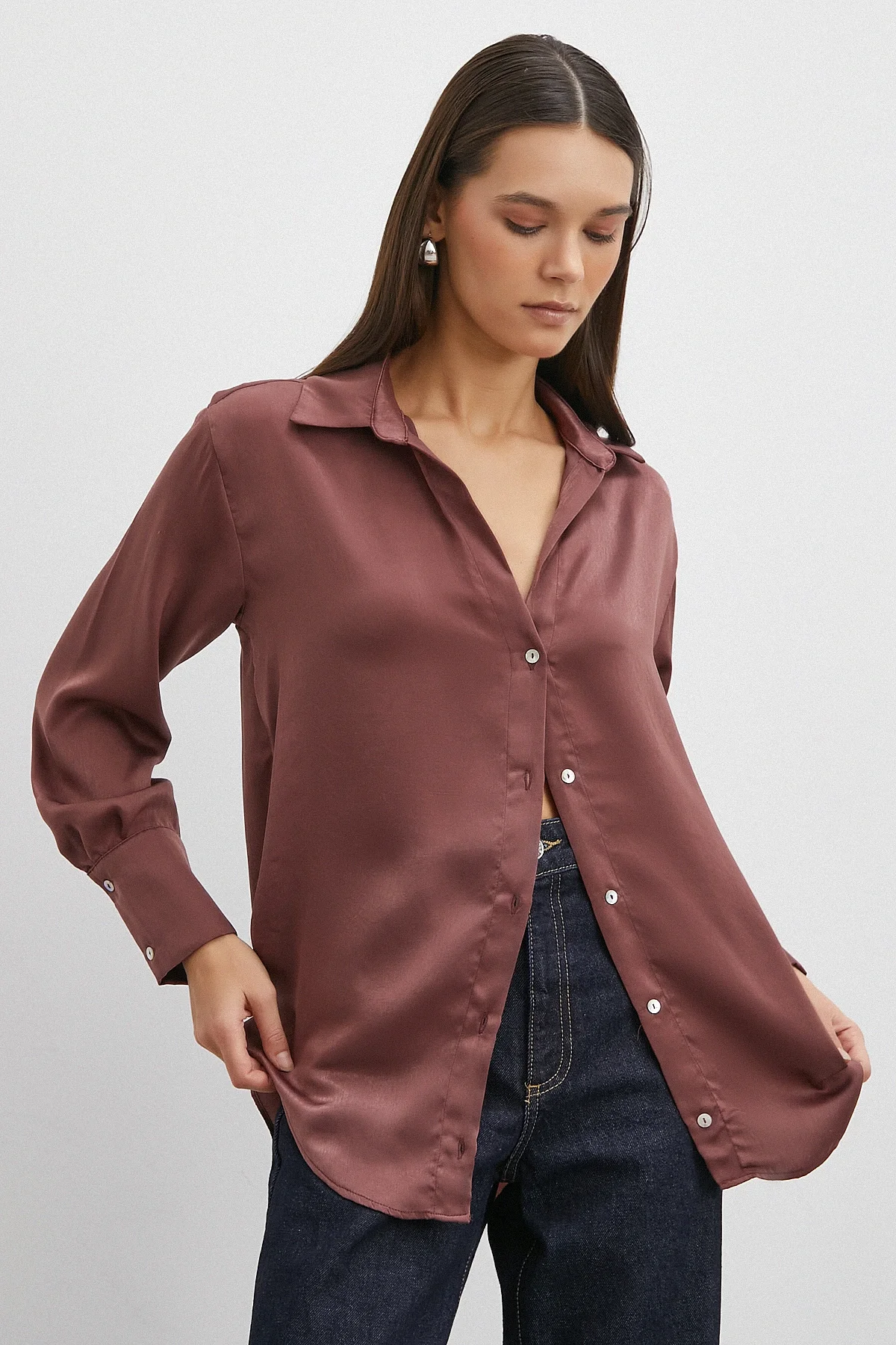 Chanel Saten Gömlek - Mürdüm