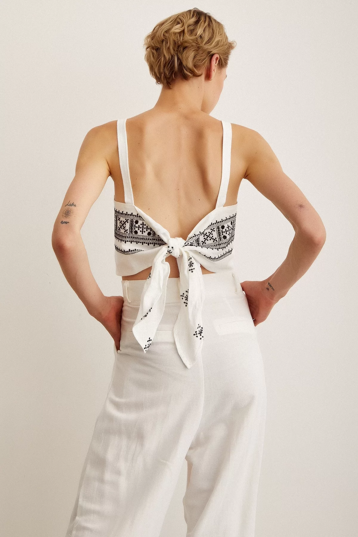 Back-Tied Embroidered Crop Top - White