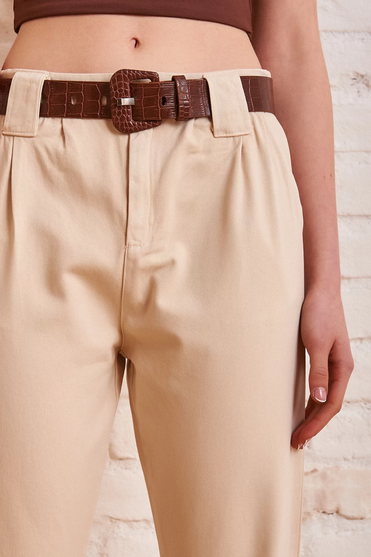Kemerli Gabardin Pantolon - Ekru