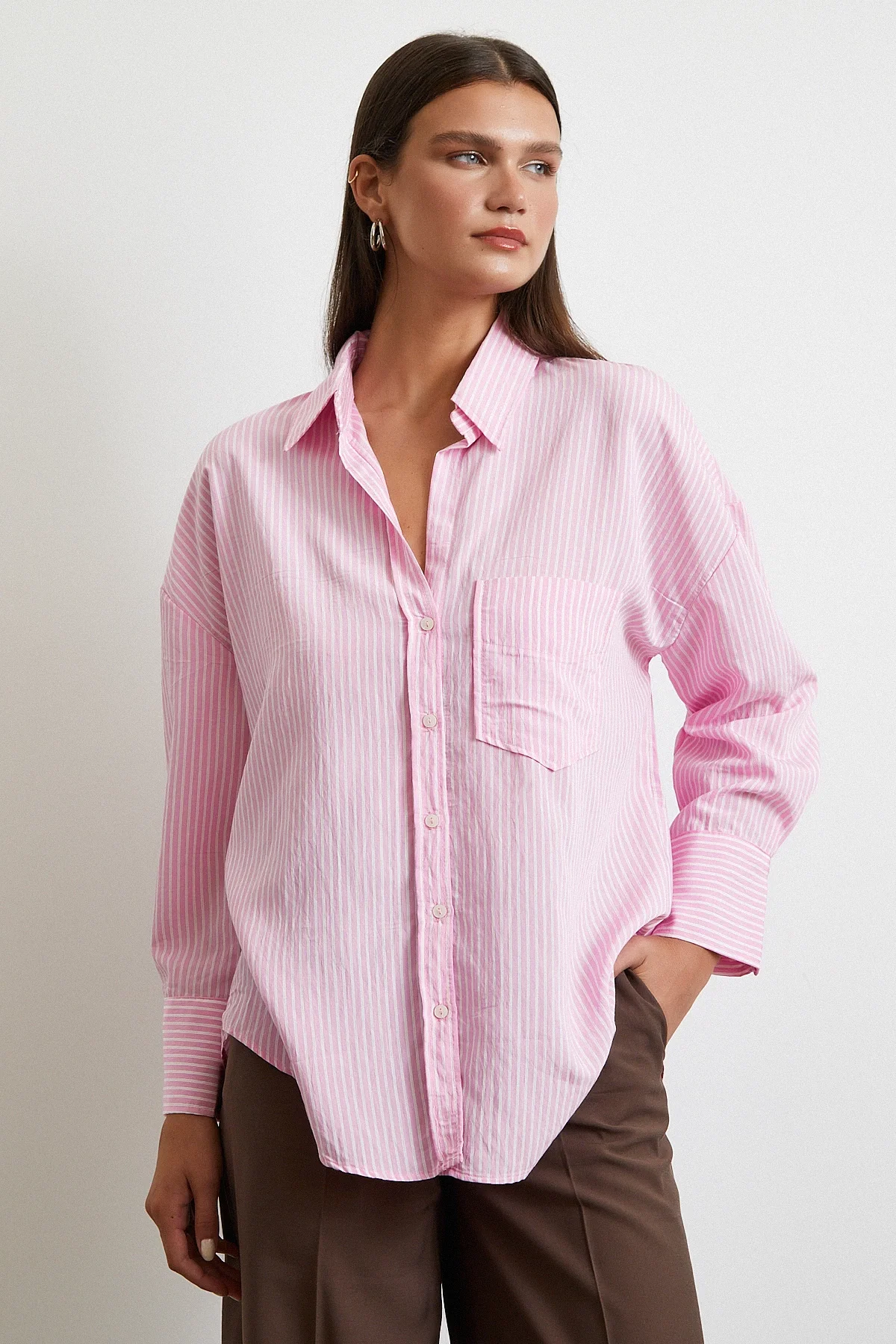 Çizgili Oversize Gömlek - Pembe