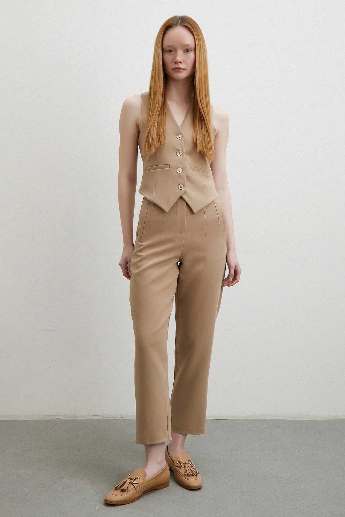 Önü Pensli Skinny Kumaş Pantolon - Vizon