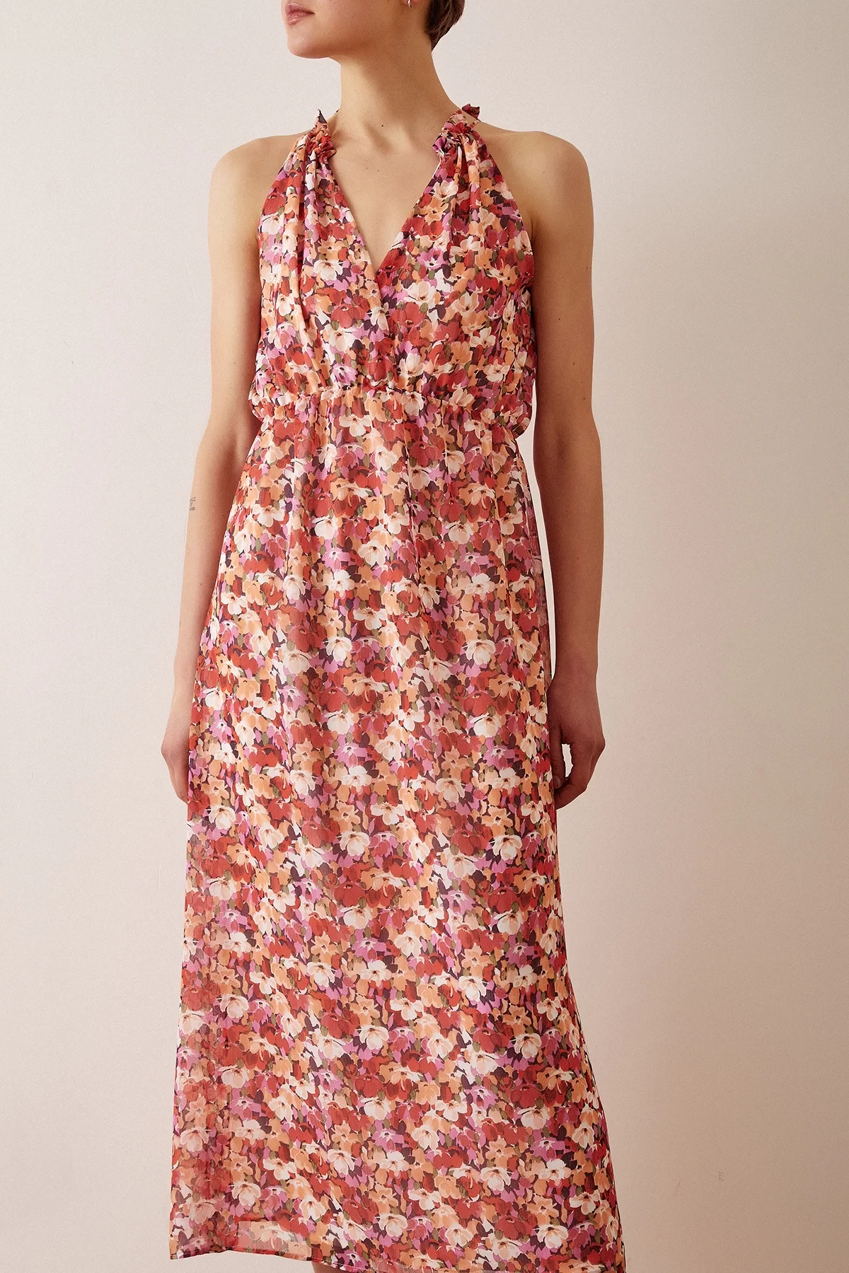 Floral Patterned Spaghetti Strap Dress - Cream