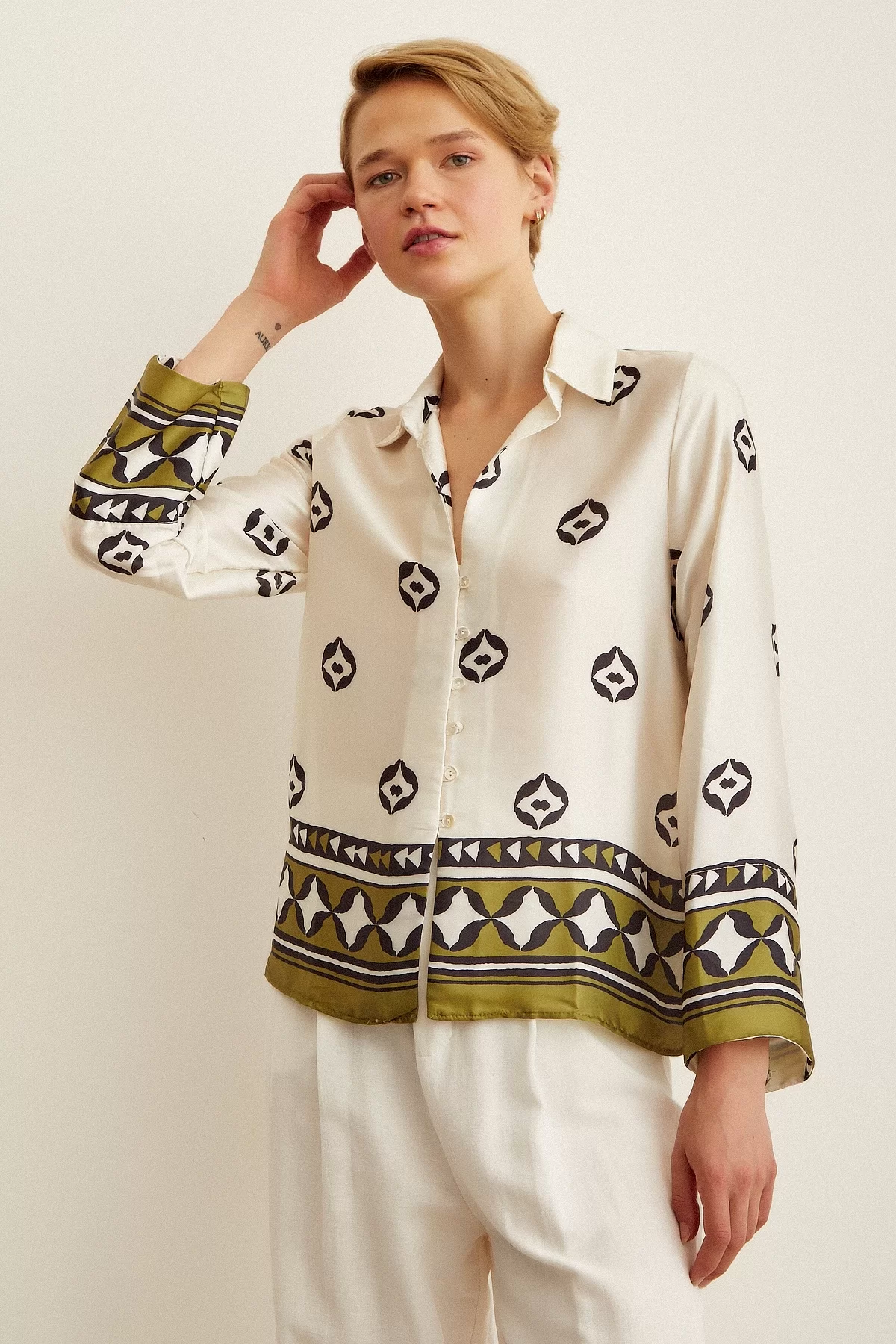 Patterned Satin Shirt - Ecru