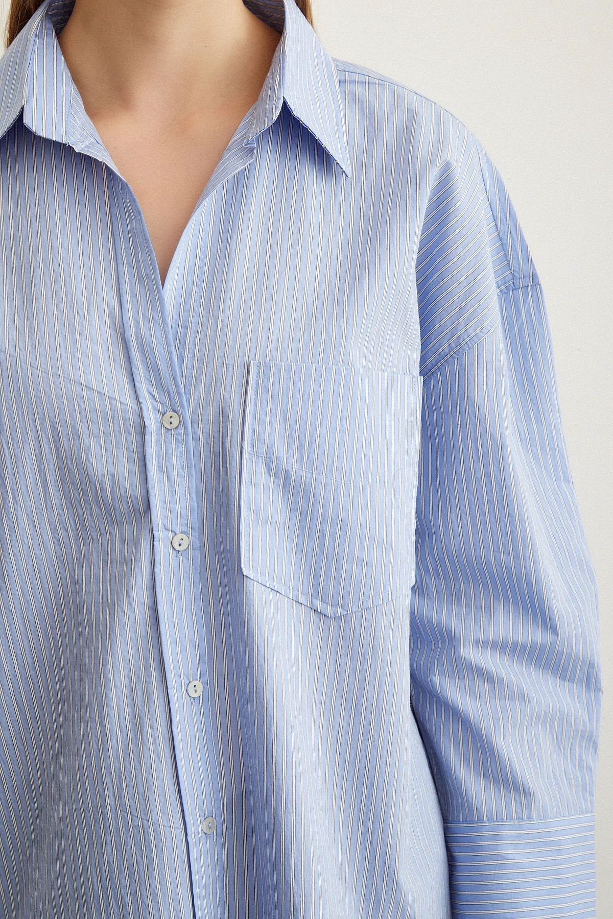 Çizgili Oversize Gömlek - Mavi
