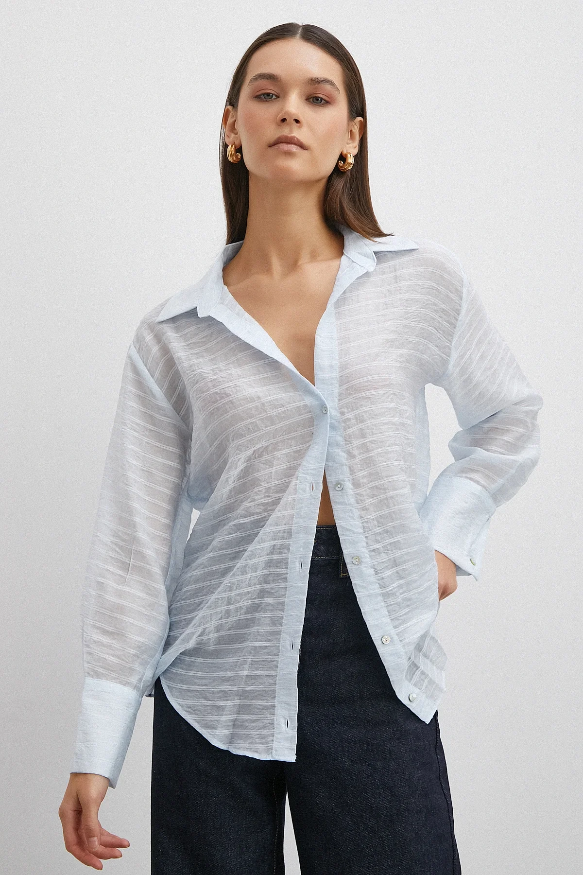 Kabartma Çizgili Gömlek - Mavi