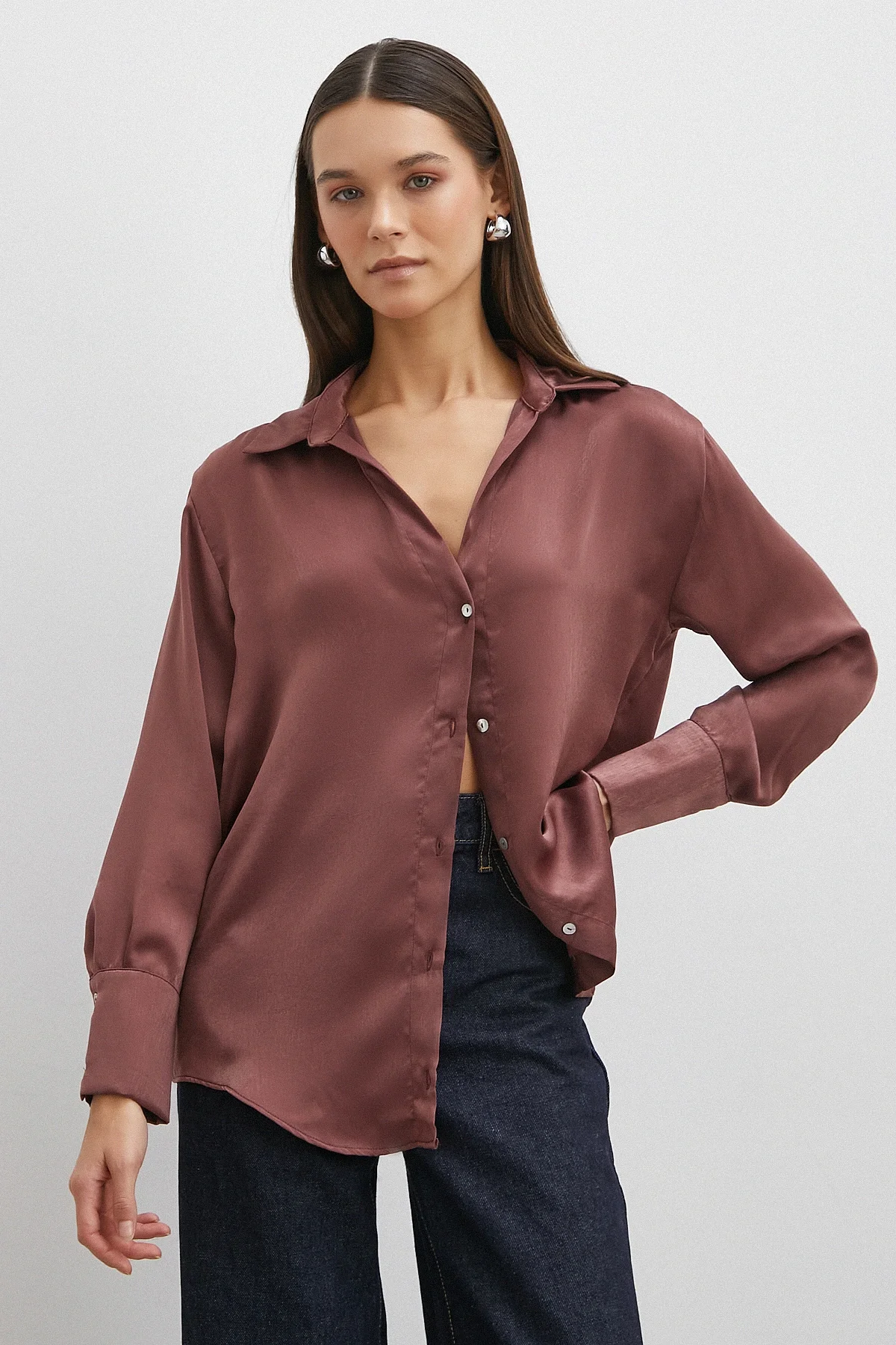 Chanel Saten Gömlek - Mürdüm