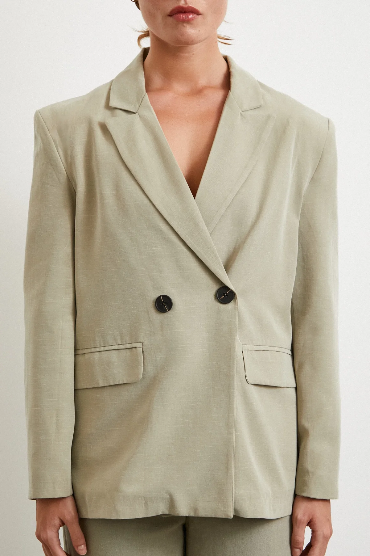 Çift Düğmeli Keten Blazer Ceket - Gri