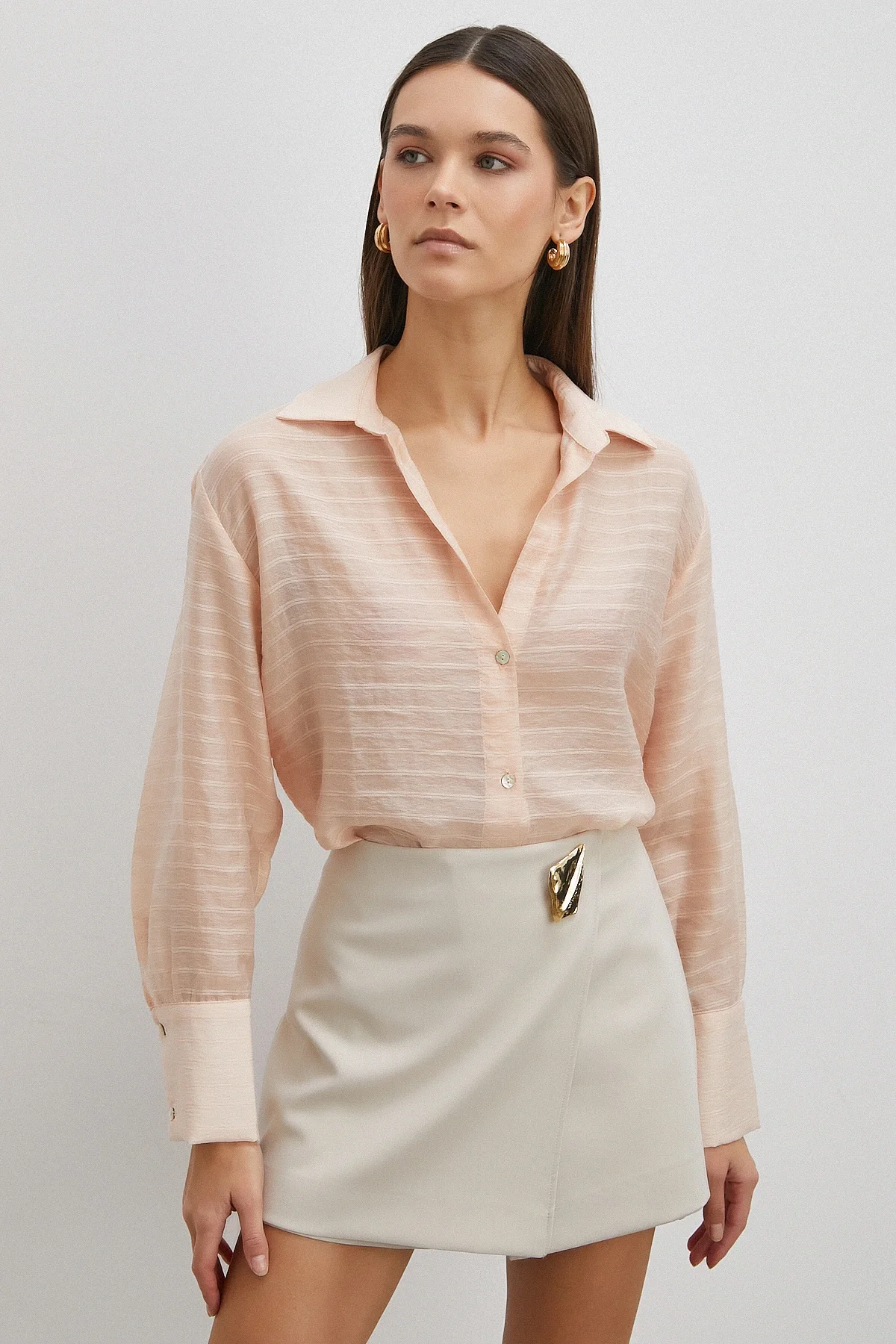 Kabartma Çizgili Gömlek - Pudra