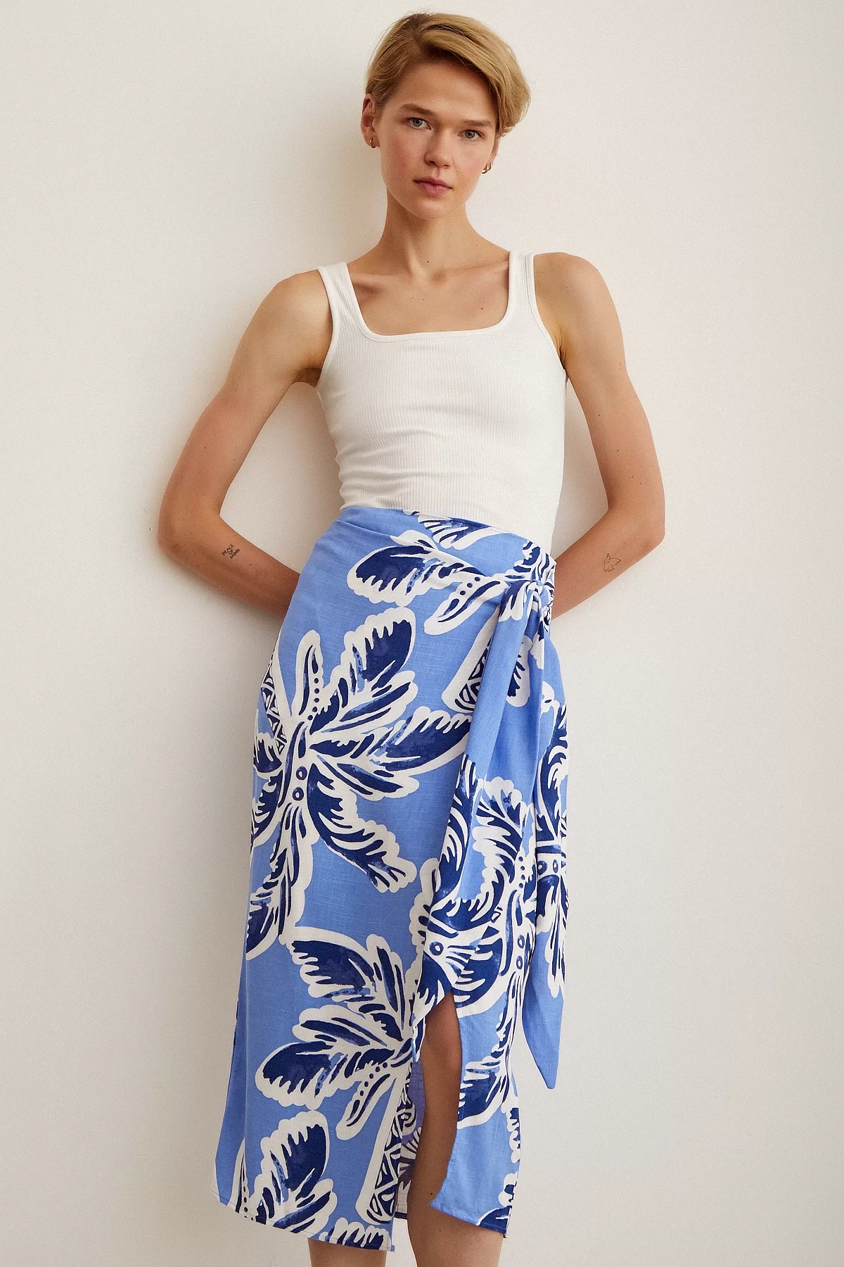 Slit Zebra Print Skirt - Blue Palm Leaf Print
