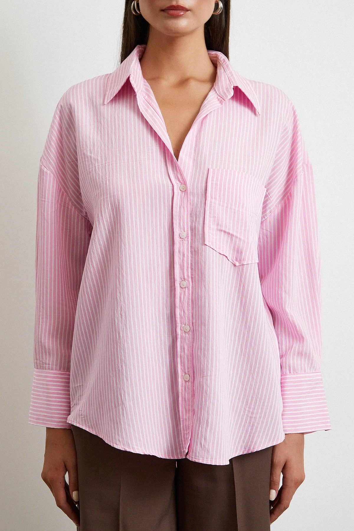 Çizgili Oversize Gömlek - Pembe