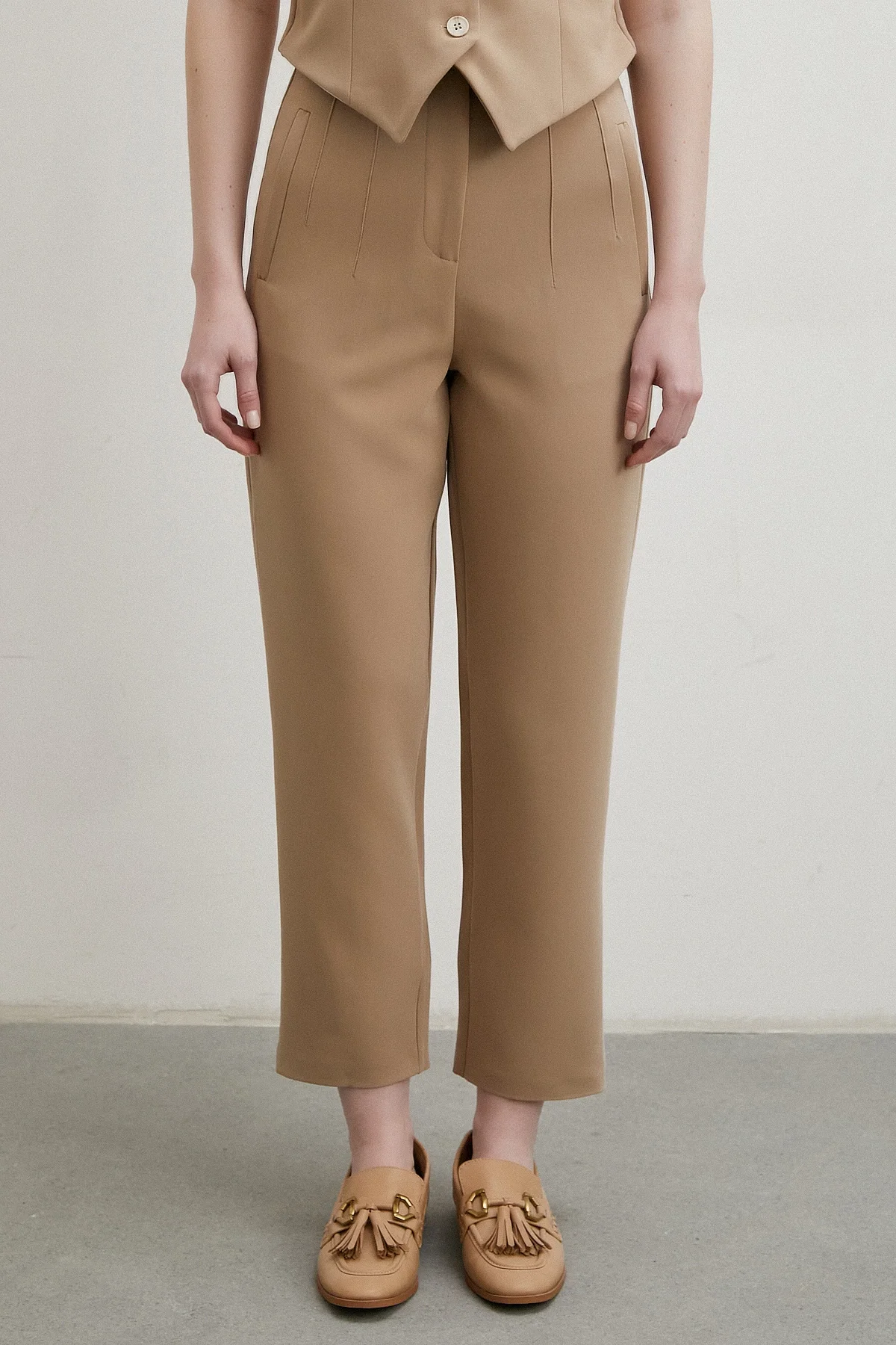 Önü Pensli Skinny Kumaş Pantolon - Vizon