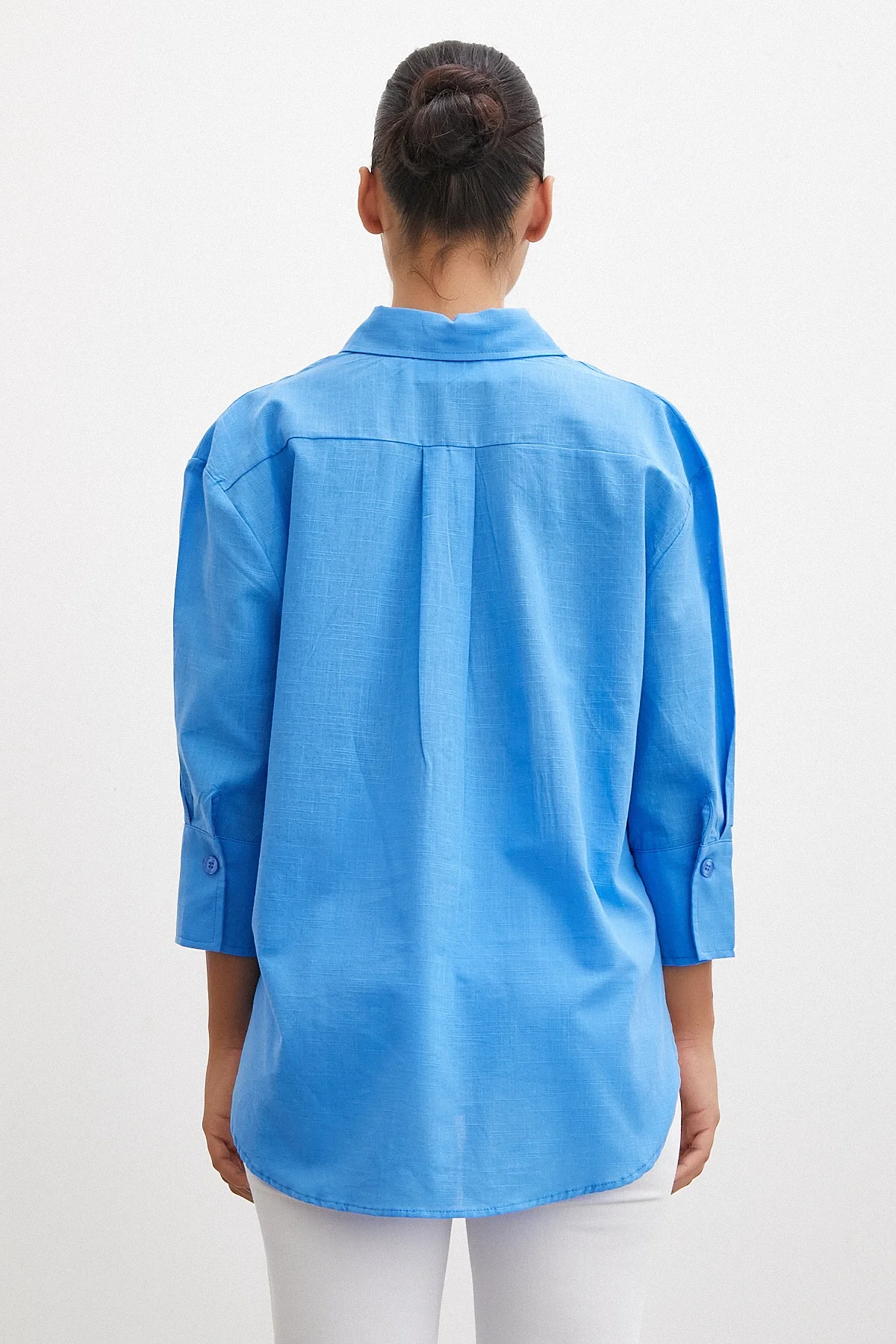 Geniş Manşetli Keten Gömlek - Mavi