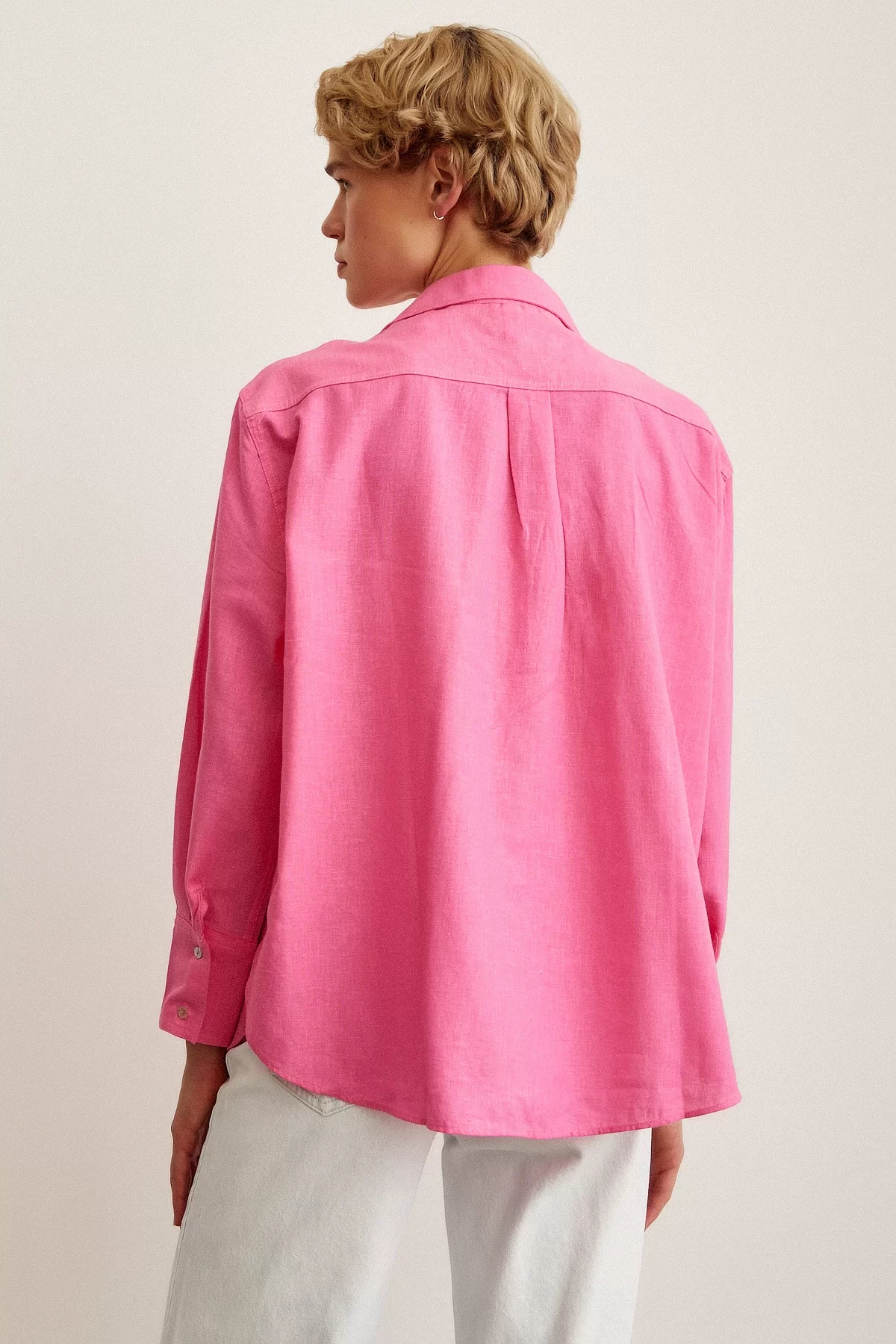 Single-Pocket Oversized Linen Blouse - Pink