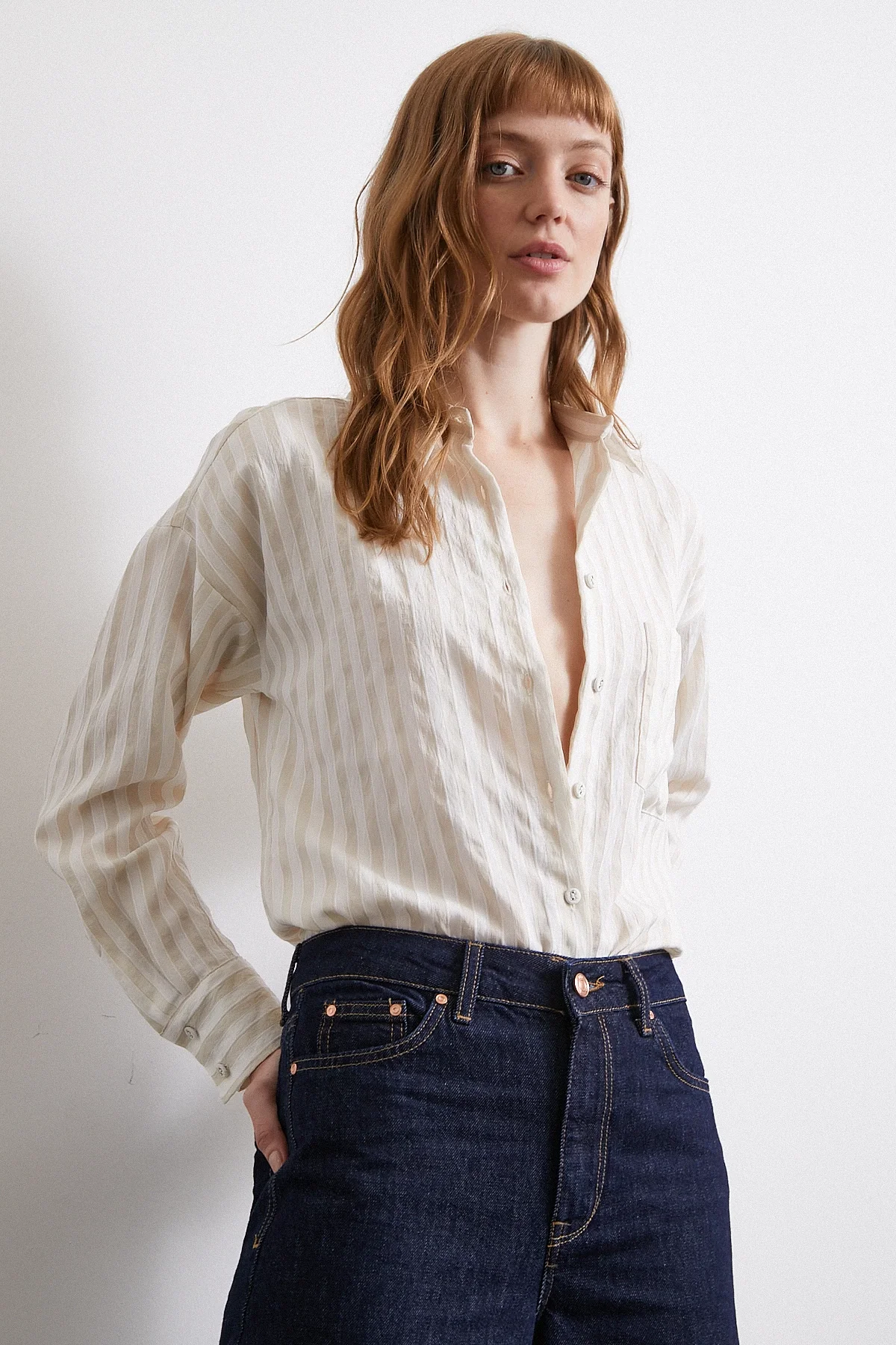 Multi Çizgili Cepli Gömlek - Bej