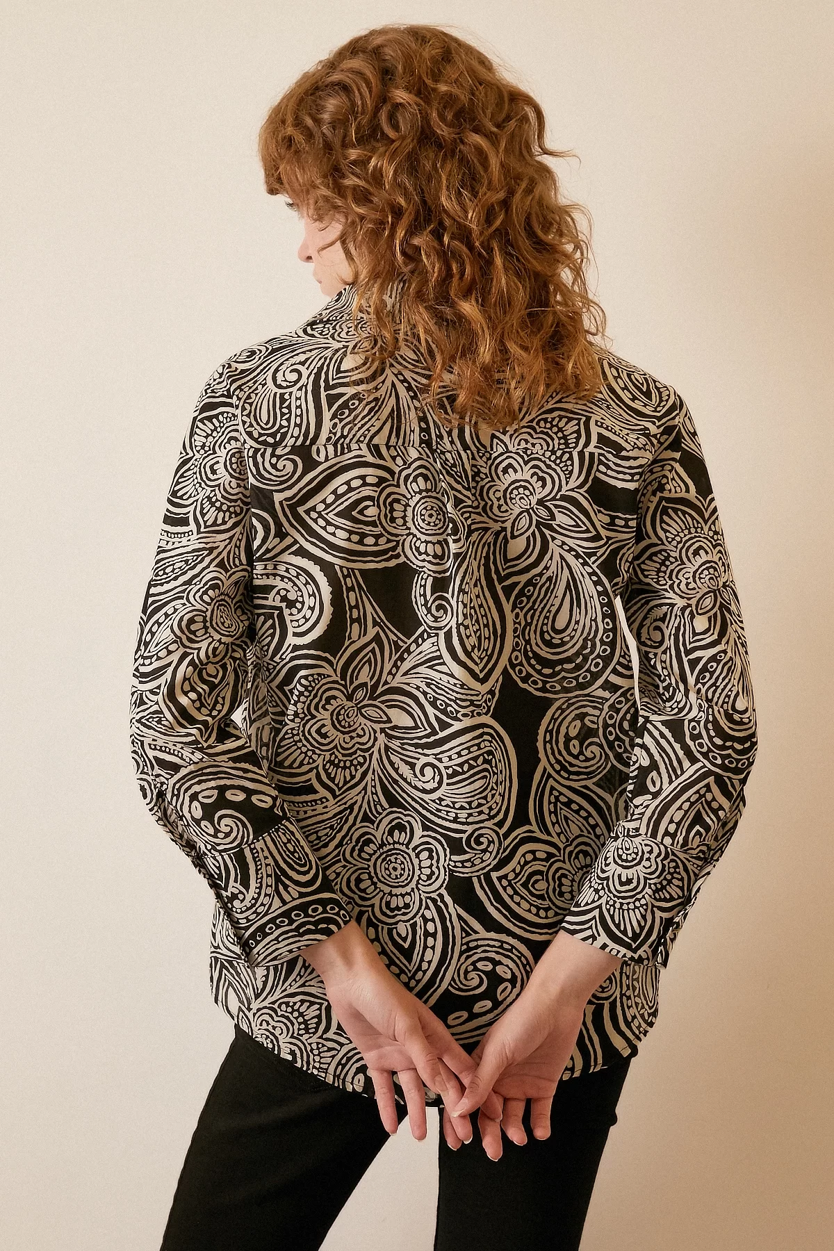 Patterned Satin Shirt - Black Floral Pattern