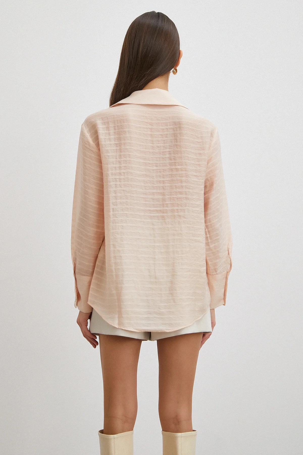 Kabartma Çizgili Gömlek - Pudra