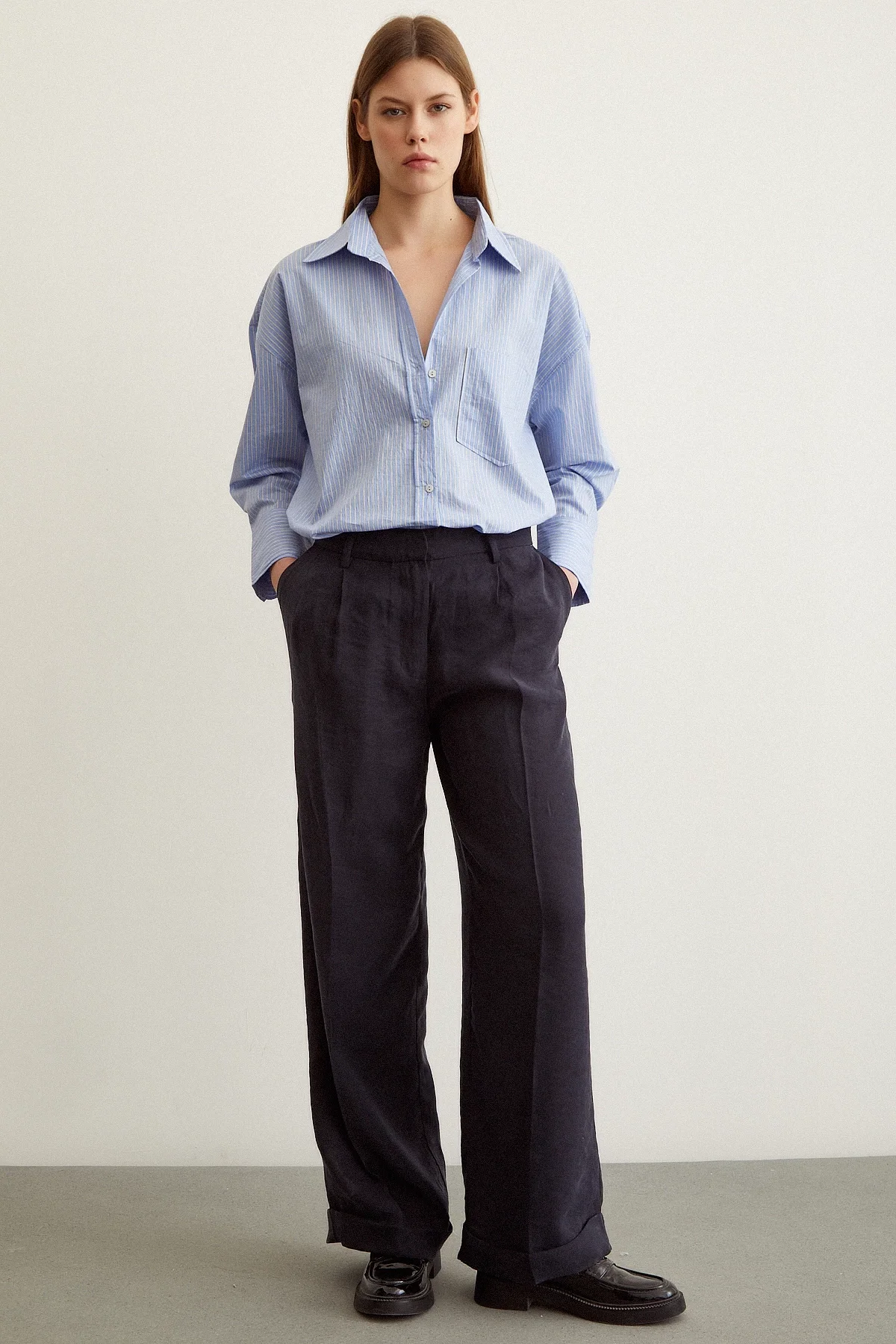 Çizgili Oversize Gömlek - Mavi