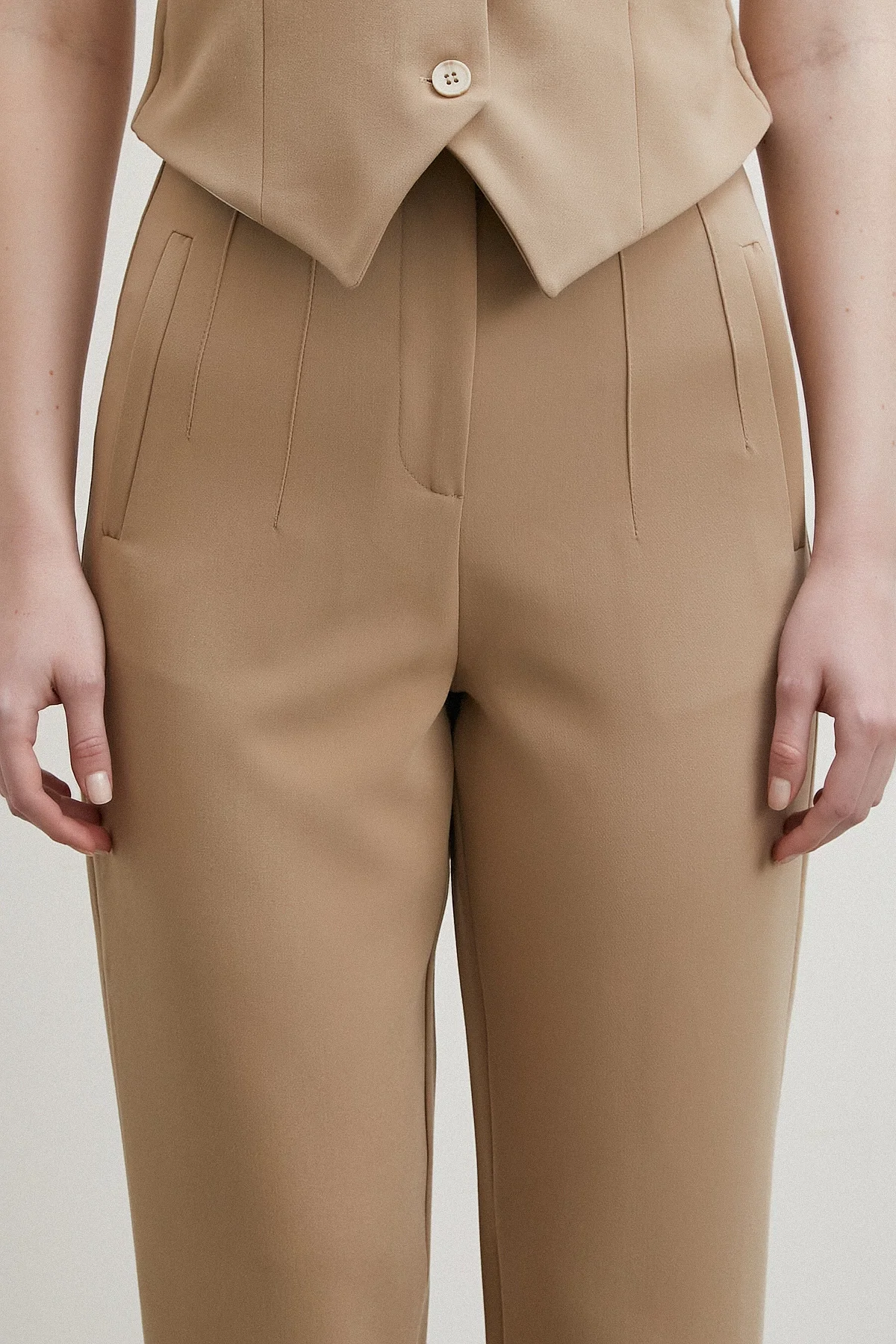 Önü Pensli Skinny Kumaş Pantolon - Vizon