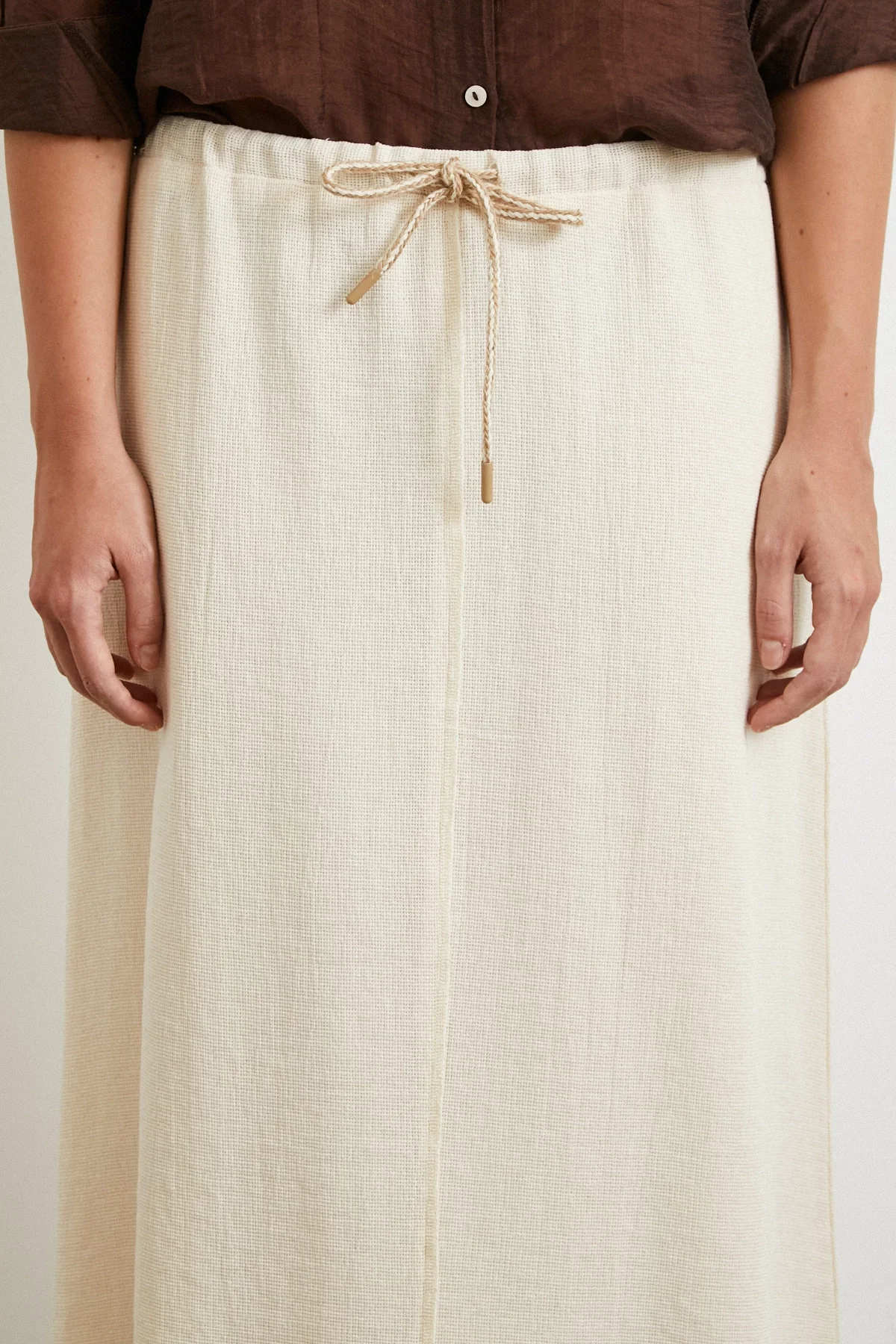 Beli Lastikli Astarlı Hasır Etek - Krem