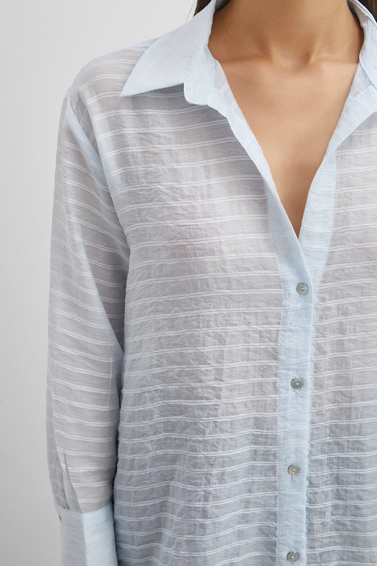 Kabartma Çizgili Gömlek - Mavi