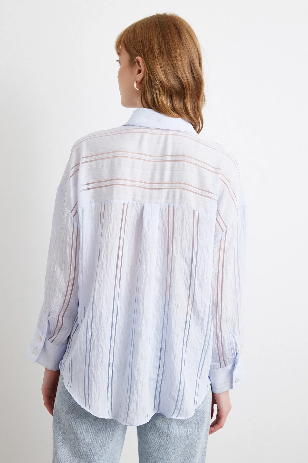 Organze Çizgili Gömlek - Mavi
