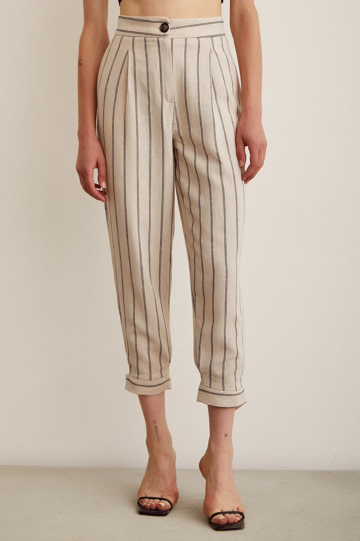 Button-Front Striped Pants - Striped Ecru