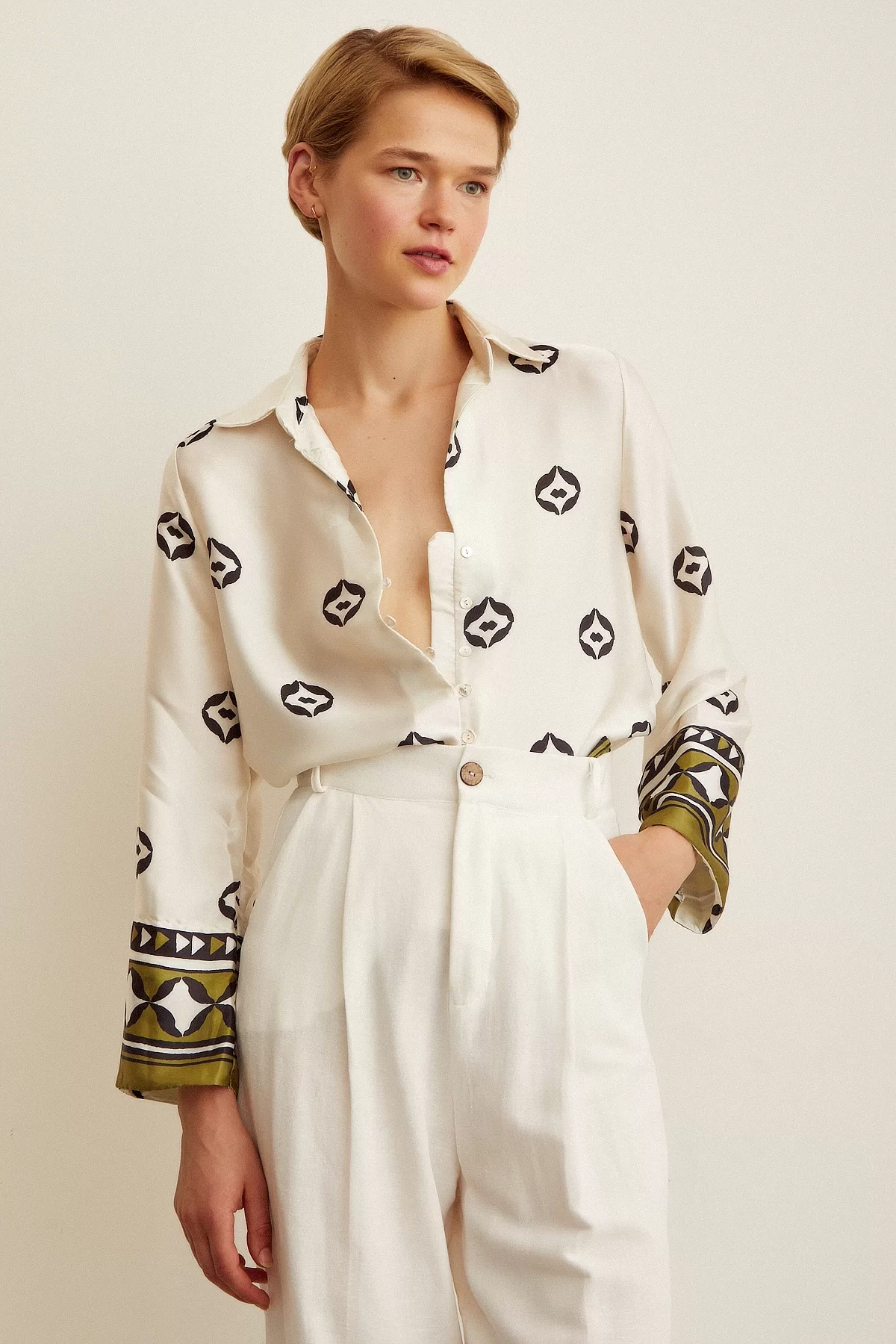 Patterned Satin Shirt - Ecru