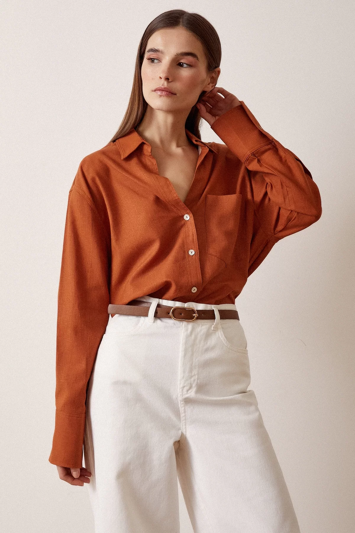 Single-Pocket Oversized Linen Blouse - Orange