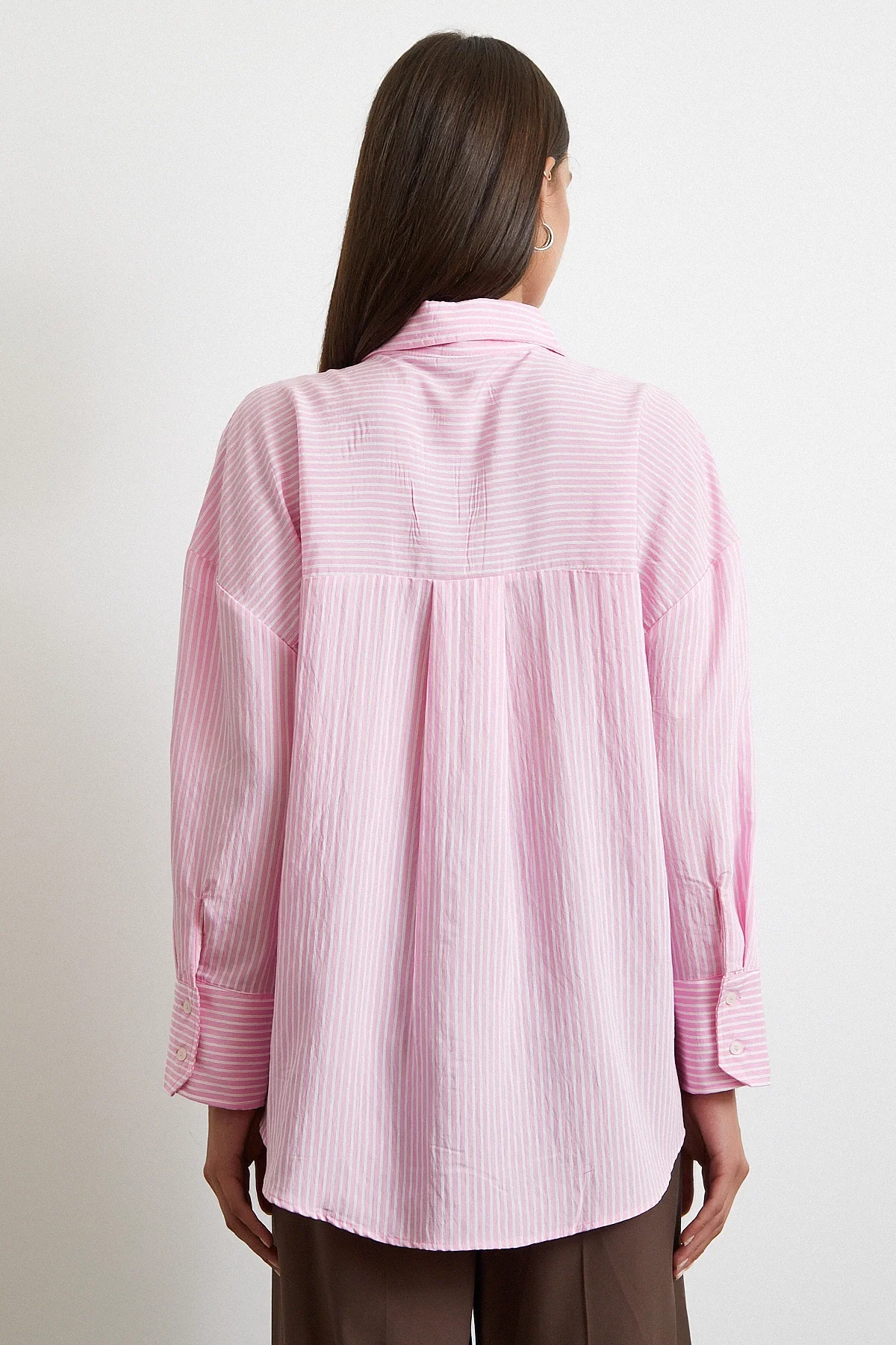 Çizgili Oversize Gömlek - Pembe