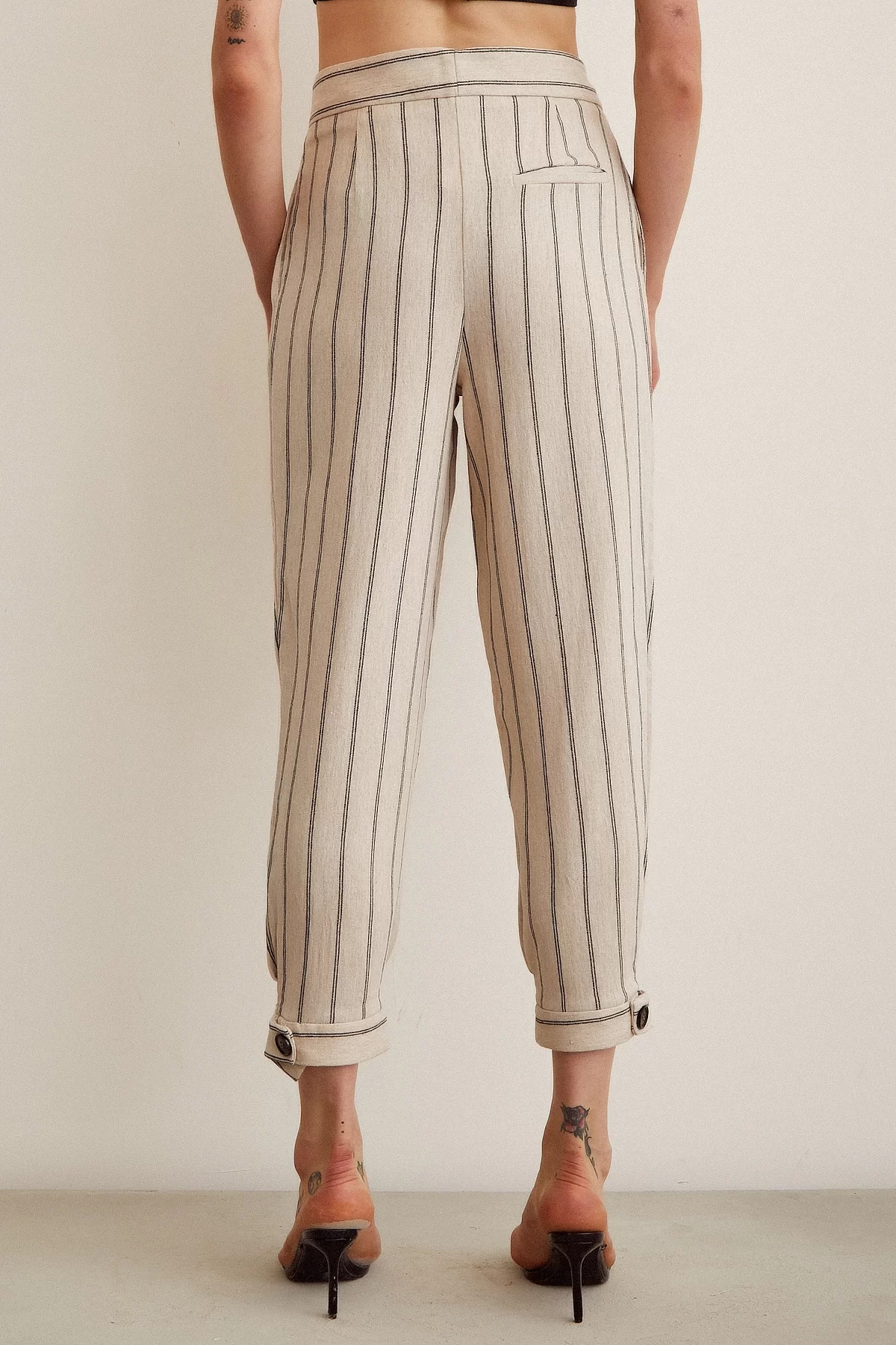 Button-Front Striped Pants - Striped Ecru