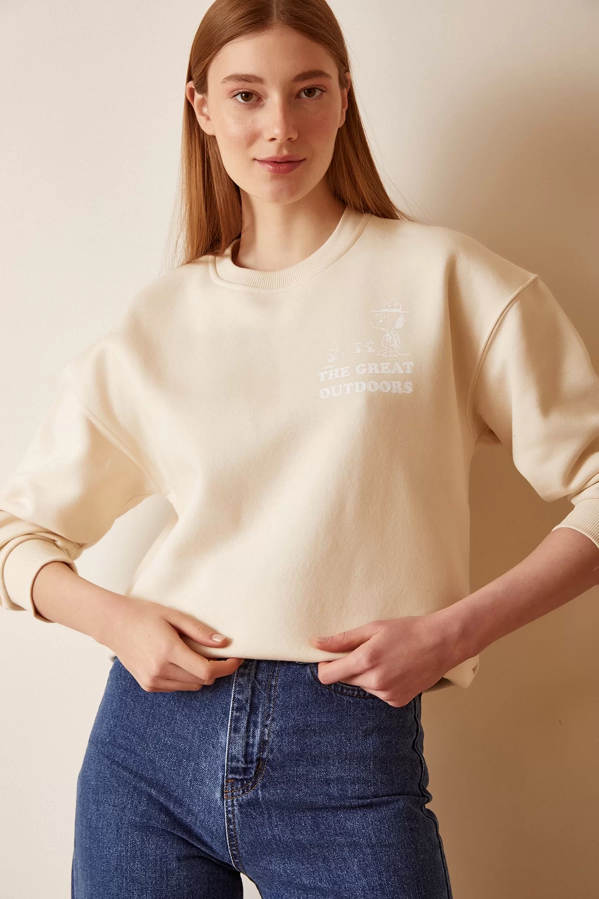 Snoopy Baskılı Sweatshirt - Krem