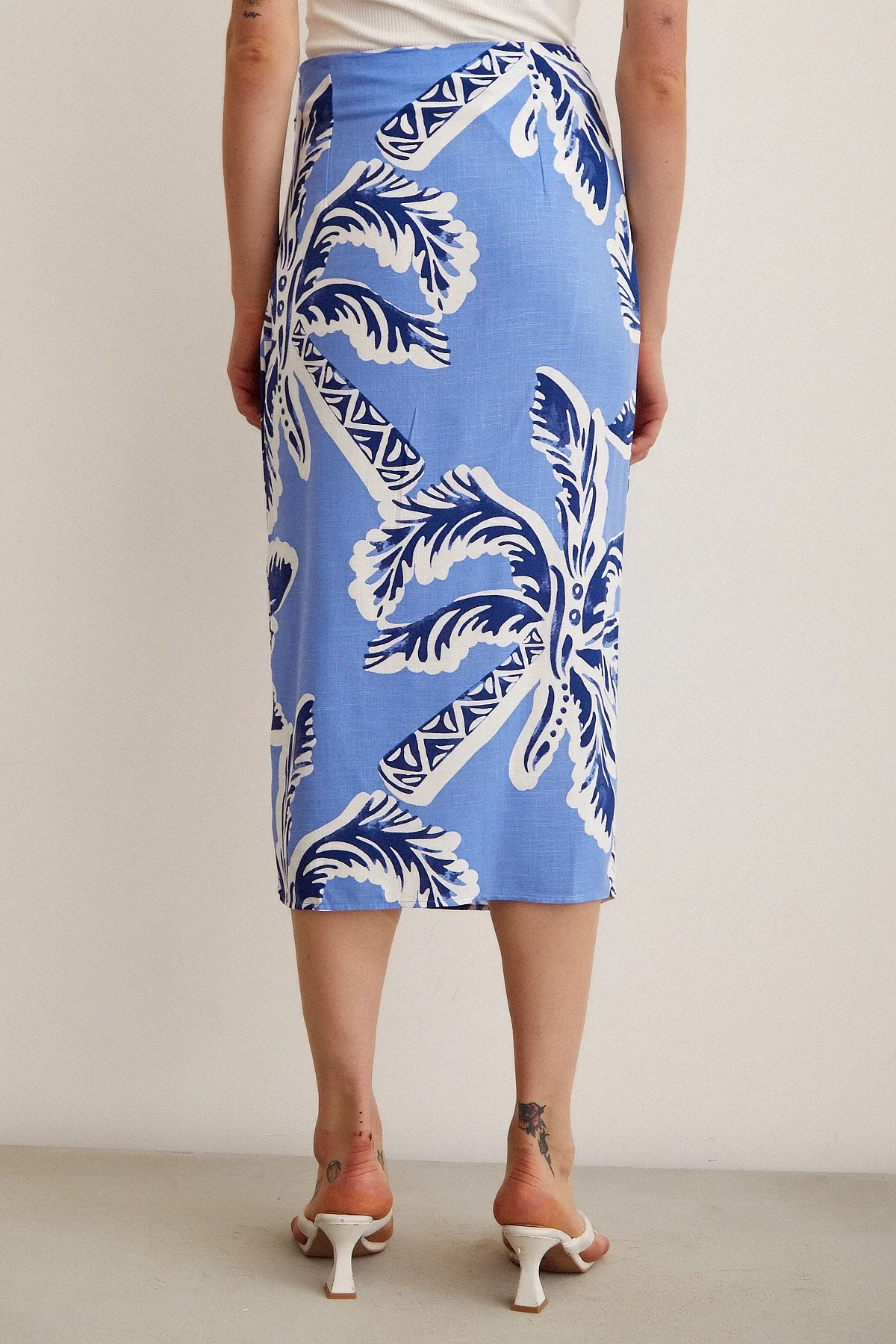 Slit Zebra Print Skirt - Blue Palm Leaf Print