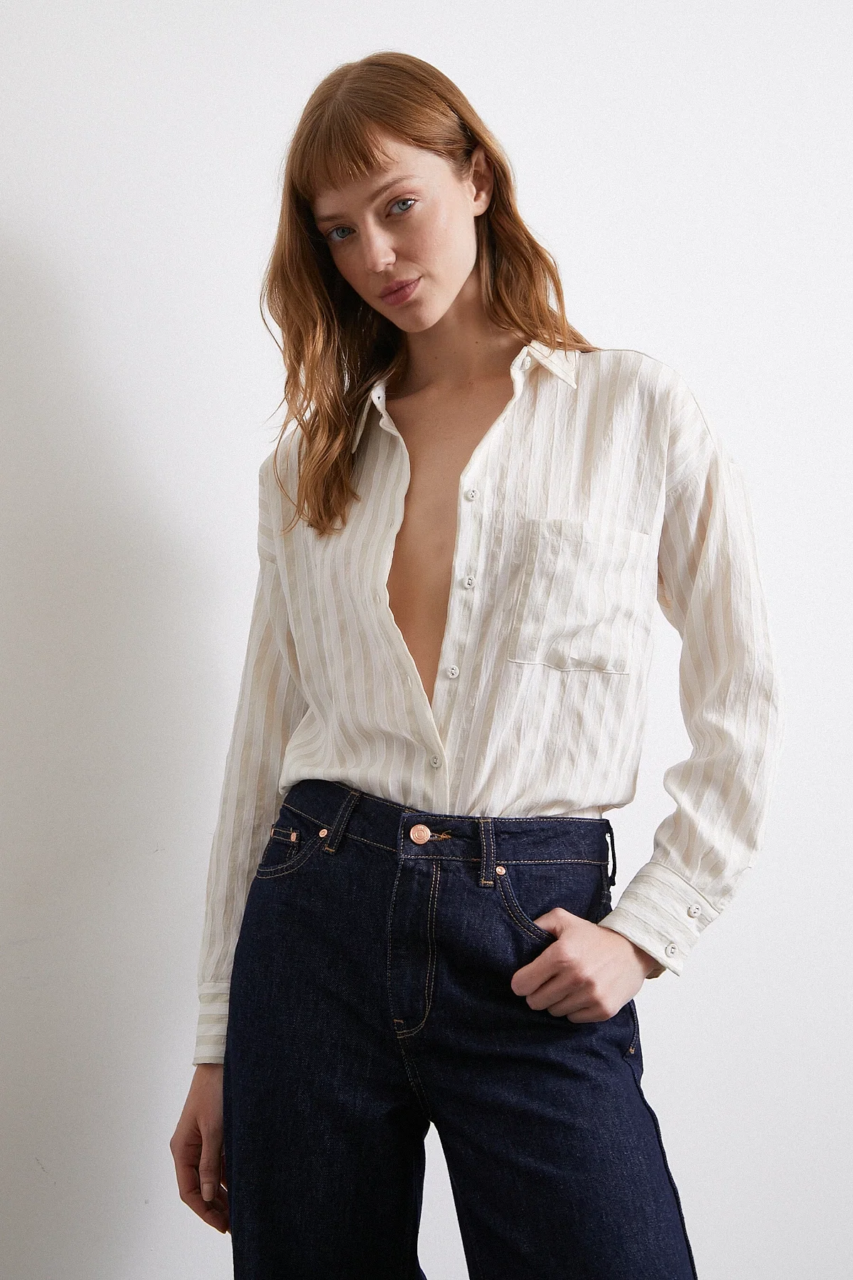 Multi Çizgili Cepli Gömlek - Bej