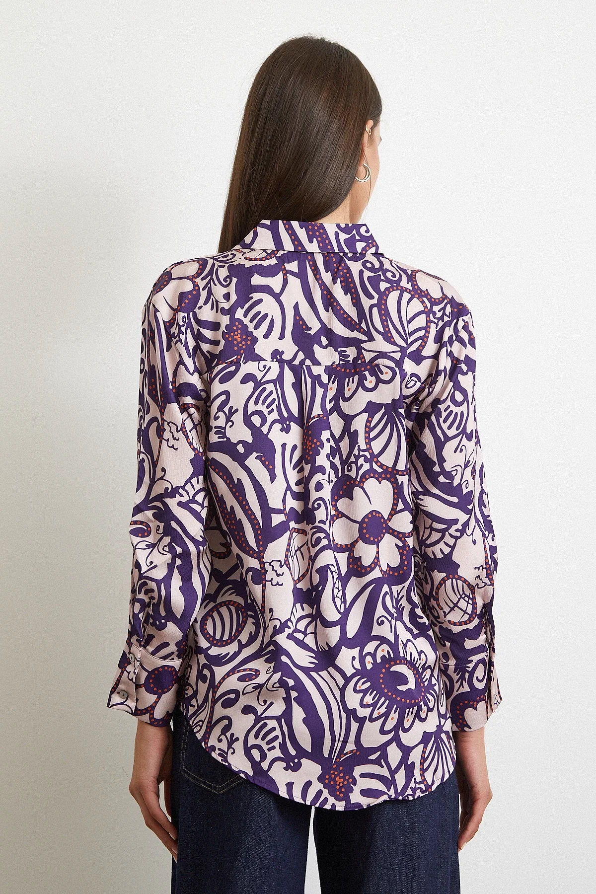Çiçek Desenli Saten Gömlek - Mor